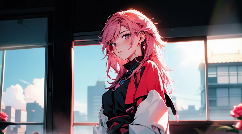 Arafierte Frau mit rosa Haaren, die vor einem Fenster steht, Anime-Stil gemischt mit Fujifilm, Anime-Vibes, mit rosa Haaren, Anime-Stil. 8K, Anime-Stil, Portrait of Jossi von Blackpink, Anime-inspiriert, Anime-Stil, Lofi portrait at a window, anime girl in real life, Anime-Stil 4 K, Anime Aesthetics