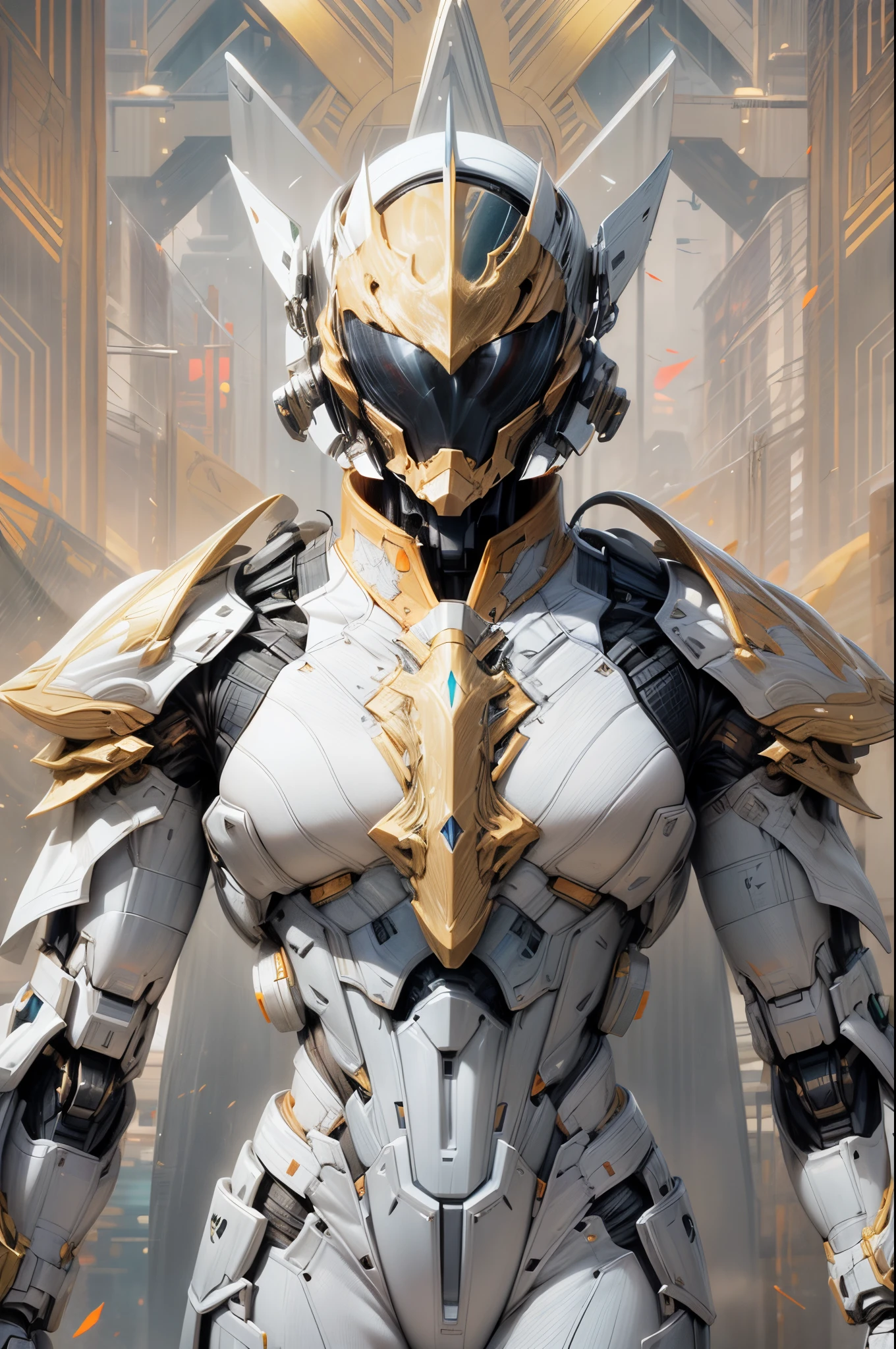 (((An epic and visually stunning digital anime upper body portrait featuring a sylphlike masculine male space soldier clad in a sleek yet tactical white armored military trench coat:1.2))), (((flat masculine male chest:1.5, mechanical mecha knight head:1.5))), (((the character is adorned in a (scifi tactical armored open front trench coat with a built in exoskeleton, hood pulled up) (over a form fitted armor plated yet super sleek and revealing under suit with waist cut outs), the armor plating on the upper arms and shoulders beautifully engraved))):1.4. The image showcases the intricacies of the character’s armor and clothing, ((capturing their flamboyant essence and heavy mecha aesthetic:1.2)). The character also possesses an androgynous charm, (((with slim yet heavily muscled physique:1.2, sylphlike with a sleek waist, toned yet beautifully sleek cybernetic arms:1.3, mechanical arms and legs:1.3, mecha muscles:1.3))), looking at viewer