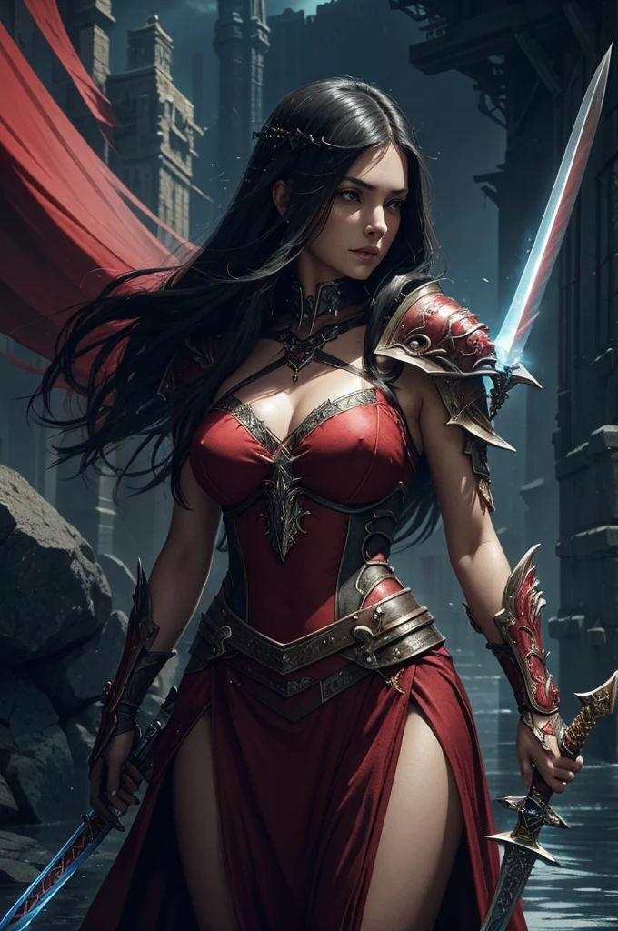 Close-up of a woman with a sword in a cave, she holds a sword, Unlimited blade use, long sword in her hand, with large sword, Dramatic pose with a sword, cinematic keyframe, epic fantasy digital art style, D & d fantasy digital painting, Digital 2D fantasy art, lady in red armor, swinging a powerful sword