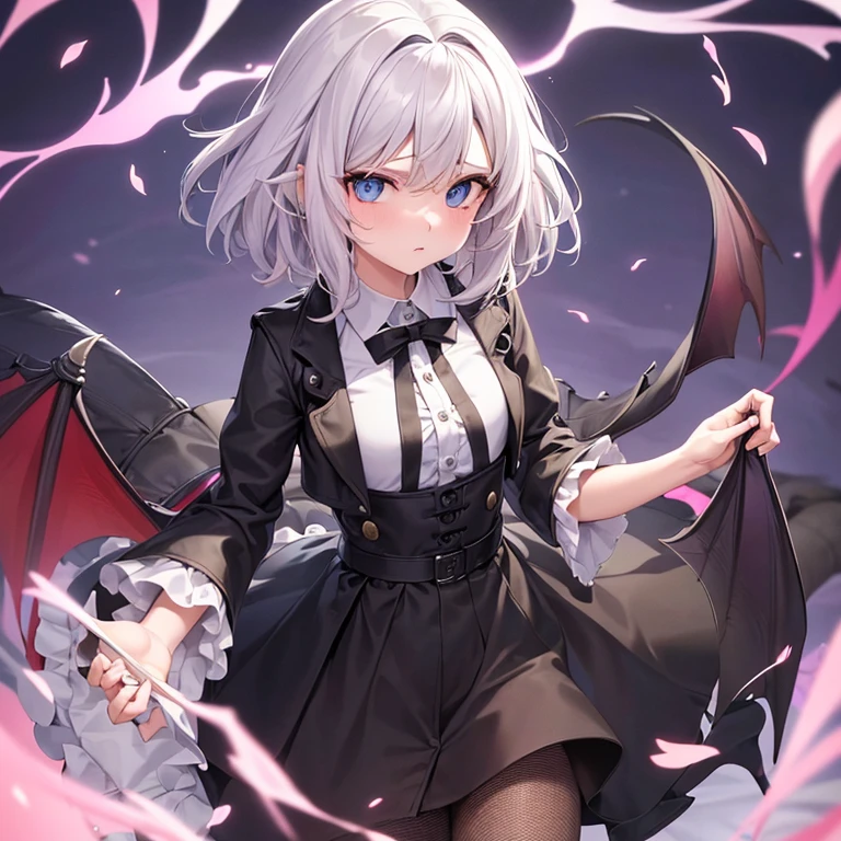 (melhor qualidade: 1.0), (super high res: 1.0), 1girl, personagem extremamente detalhado, detailed hands, Half-dragon girl, chifres, Girl with black dragon tail, Black dragon with tail, Cabelo extremamente detalhado, cabelo curto, ((short hair)), ((cabelos brancos)), ((Dicas de cor preta)), olhos extremamente detalhados, olho com cores diferentes, Heterocromia, Olho direito de cor branca, Olho esquerdo de cor preta, dragon eyes, 2D, Arte de Anime, ((barnet)), ((corpo inteiro)), standing on her feet, medieval, RPG, pequena, baixa, Altura Pequena, peitos pequenos, adolescente, olhar morto, grim expression, preocupado, look of tiredness, camisa de manga comprida + Branco + open buttons, Black jacket, brincos de estrela + Branco, fishnet pantyhose, salto alto