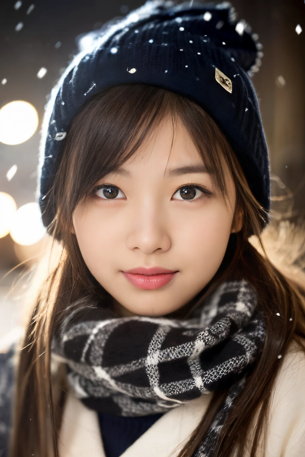 ((Show face only、Close-up of face、no-makeup))、(realisitic、Photorealsitic、ultra-detailliert、Highest Details Skins、top-quality、masterpiece、超A high resolution)、Cute Japan Woman、、hi-school girl、younggirl、1 girl in、I have bangs、二重まぶた、drooing eyes、Large black eyes、Japanese style face、ssmile、Charming、purity、Straight face、double tooth、View here、Realistic skin type、Thick muffler、Grey muffler、fluffy hair、((Hair is inside the scarf:1.3))、Red cheeks、The wind is blowing、It's snowing、Harbor at night、illuminations、Lighting from behind、plain knit hat