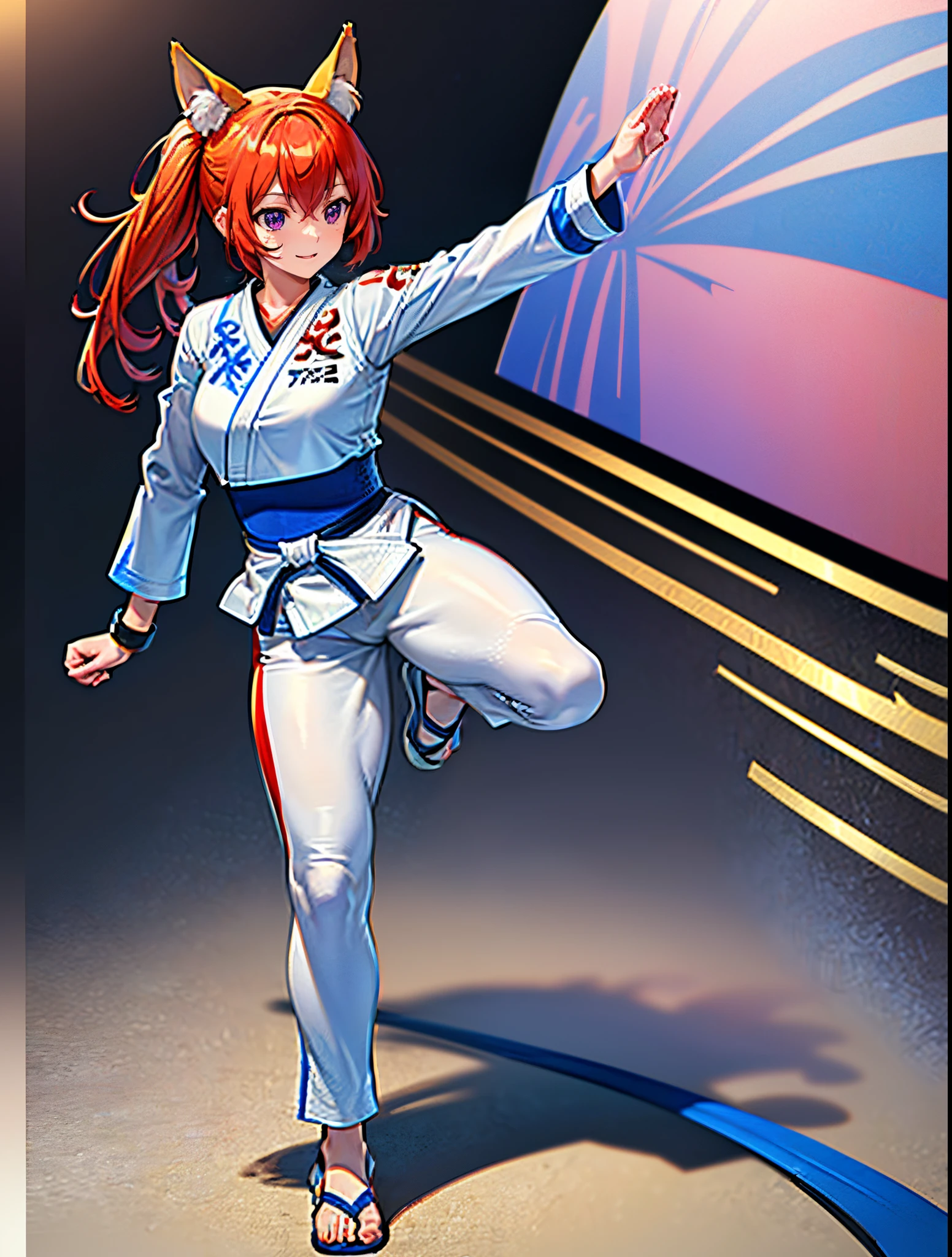 (best quality,4k,8k,highres,masterpiece:1.2),ultra-detailed, ((fox girl)), ((full body)), ((perfect body)), (((standing pose))), (((Taekwondo fighter outfit))), ((pefect outfit)), ((detailed clothes)), ((perfect clothes)), ((fully detailed)), illustration,vivid colors