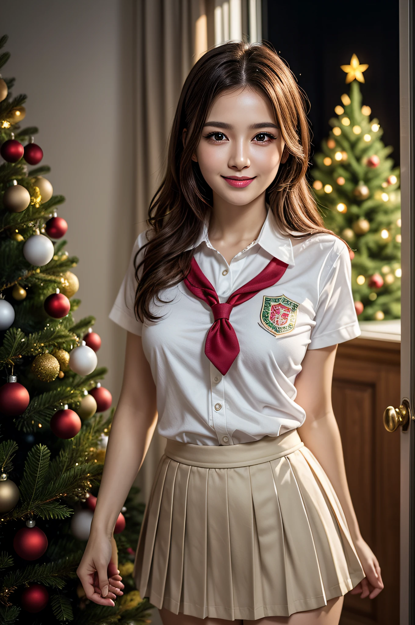 (1 cute girls), Extremely cute, Amazing face and eyes, (Beautiful lovely smile), (extremely detailed beautiful face), bright and shiny lips, (School uniform, Pleated skirt:1.3), (Best Quality:1.4), (hyper quality), (Ultra-detailed), (Hyper-realistic, Photorealsitic:1.37), Authentic skin texture, intricate-detail, extremely detailed CG unified 8k wallpaper, RAW Photos, professional photograpy, Cinematic lighting, Exposing, Christmas tree, Christmas Ornaments, Christmas Decorations, Christmas Lights, christmas lights,