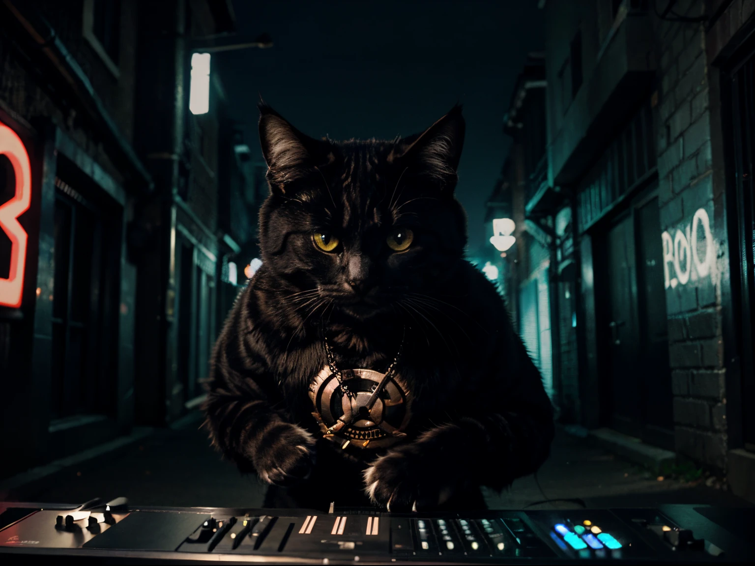 background image for a laptop, in 4K of a monster cat hip hop DJ, playing in a dark alley