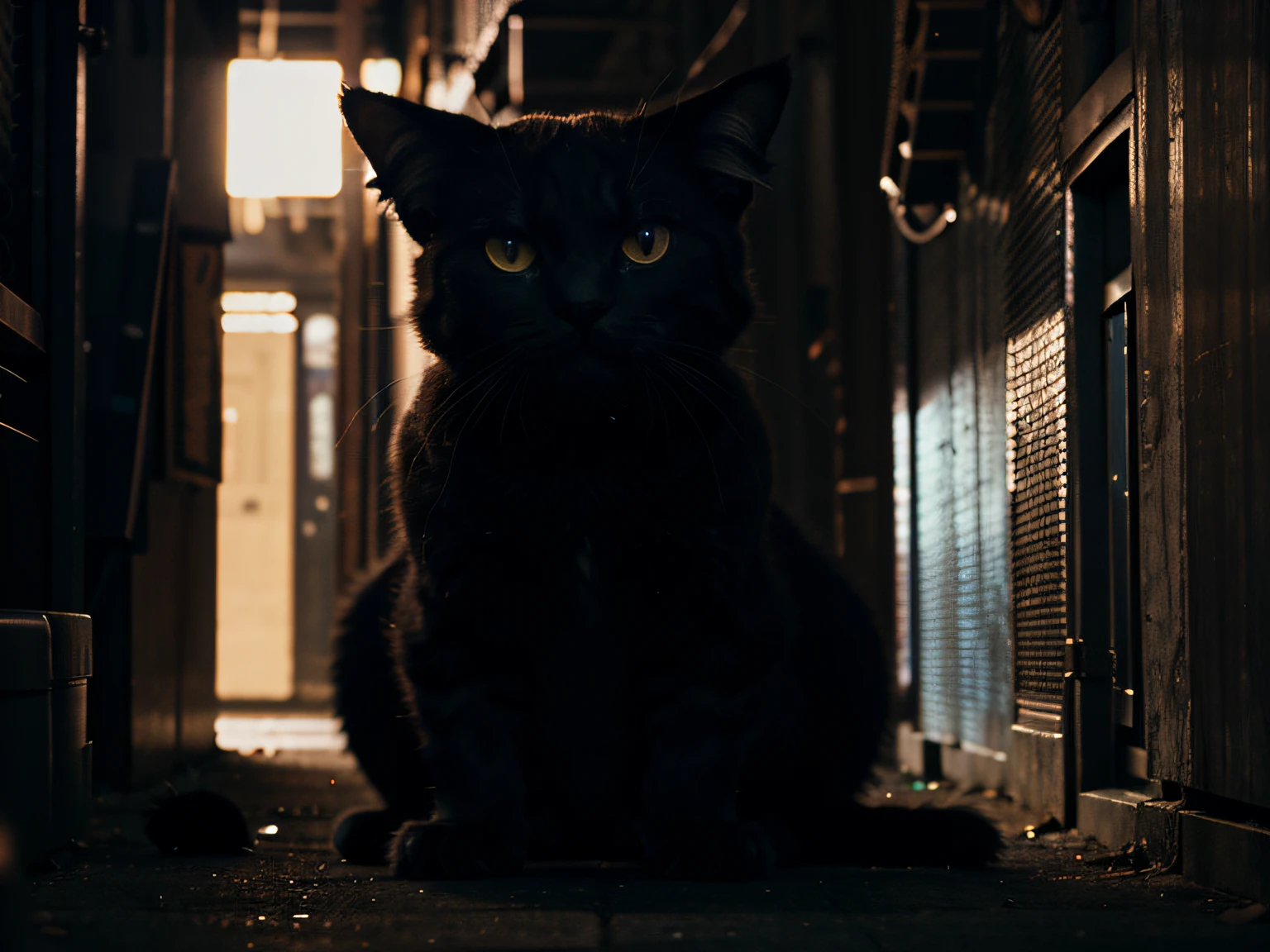 background image for a laptop, en 4K de un DJ de hip hop con un gato monstruo, playing in a dark alley