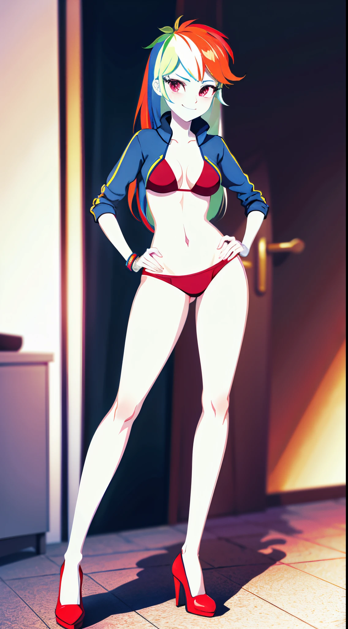 1girl, masterpiece, (detailed background), best quality, absurdres,
smirk, bikini, bikini bottoms, swimsuit, high heels, closed mouth,
mlpdash, personification, multicolored hair, colored skin, blue skin, posing