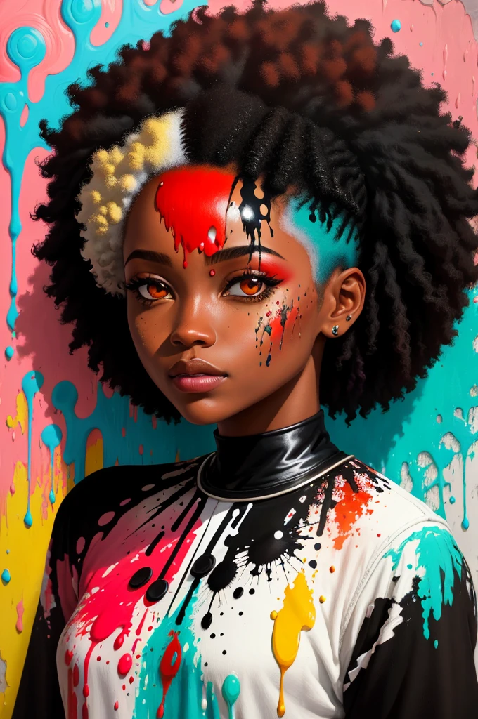 an abstract paint portrait of an African American woman with colorful paint splatter, in the style of realism with fantasy elements, color gradients, color splash, colorful figures minimalistic style, oil painting