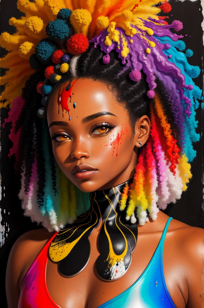 um retrato de pintura abstrata de uma mulher afro-americana com splatter de tinta colorido, no estilo do realismo com elementos de fantasia, gradientes de cores, salpicos de cor, figuras coloridas estilo minimalista, oil painting