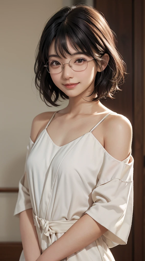 One lady, Japan people in their 20s, symmetrical beauty, Small face, sharp outline, A dark-haired, Shoulder length short bob hair, Curly hair, The hair near the shoulders should have strong waves., With bangs, thick eyebrow,realisticeyes, 二重まぶた, drooing eyes, Thicker lips, closes mouth, A slight smil, Smiling smile, Rimless glasses, Rimless glasses, Wheat-toned skin, realistic skin textures, H Cup, a little fat, full bodyesbian, Standing, directly in front of the camera, looking directly at the viewer, Looking at the camera, The light source is from the front.