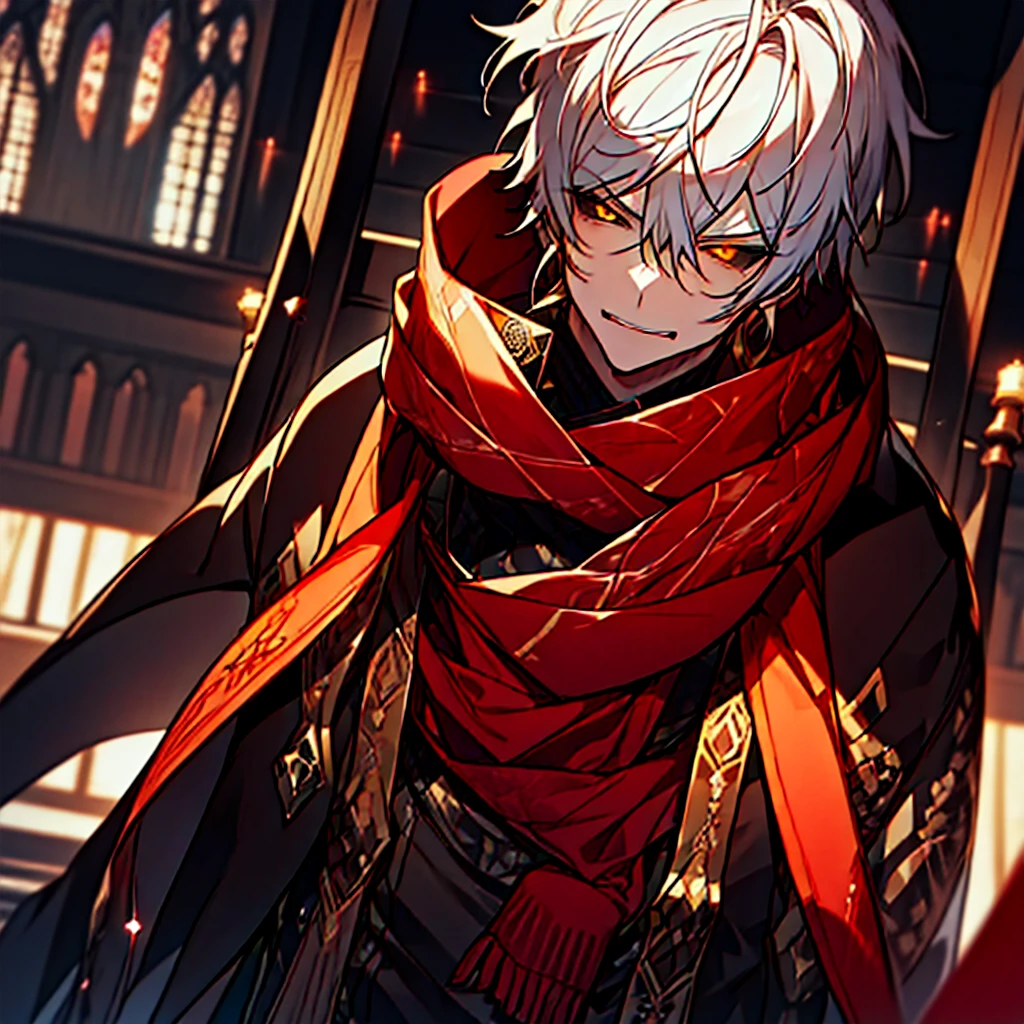 (master piece), best quality, ultra-detailed, illustration, warm lighting, soft lighting, bright colors, 1 adult guy, anime character with white hair with red tips, shadowverse style, black overcoat, serious, yellow eyes, black sclera.