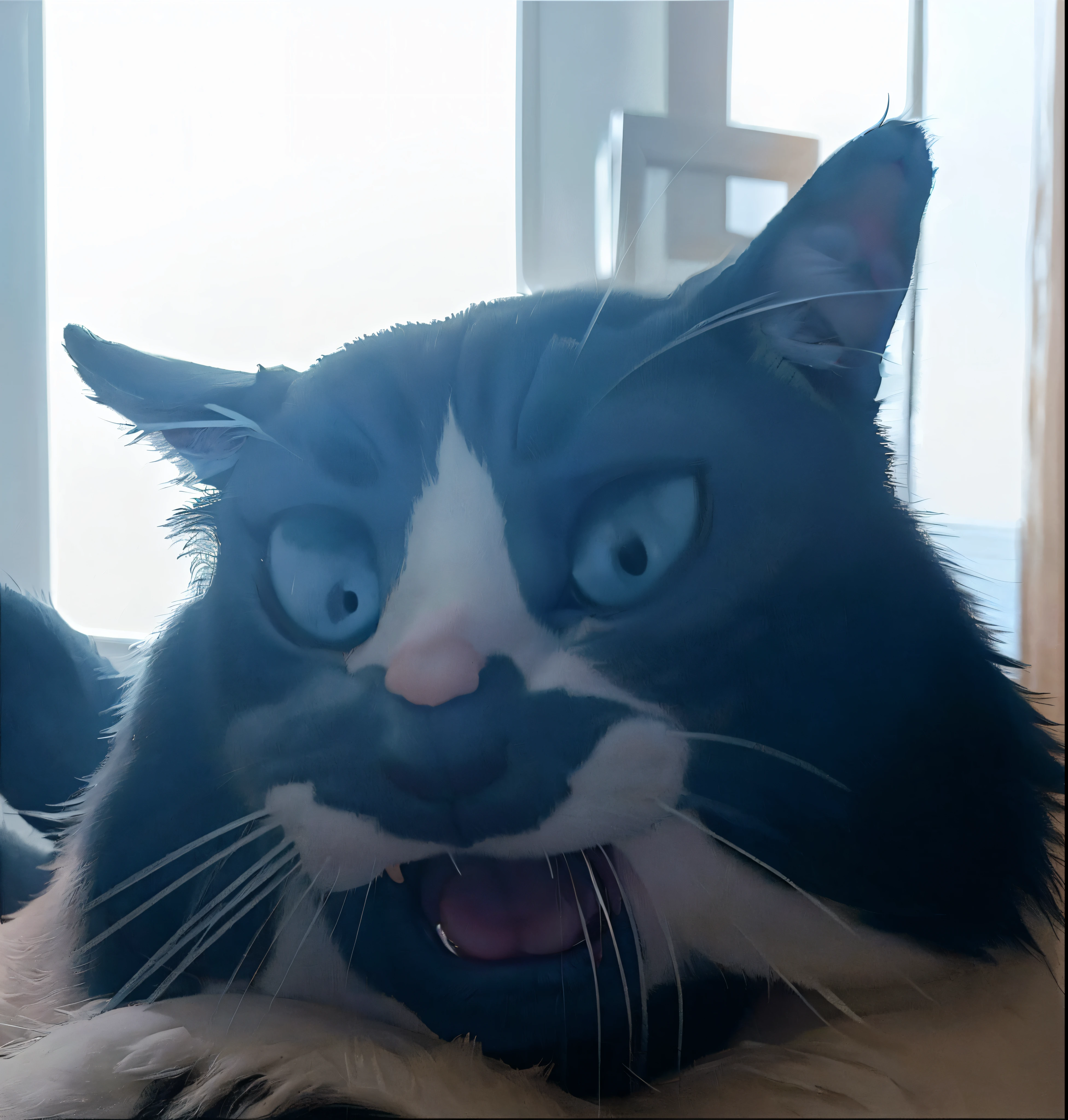 there is a black and white cat with a white face and a black and white cat with a white nose, sneering at the camera, winking at the camera, the cat is smiling, a cat is smiling, looking up at the camera, is looking at the camera, looking up at camera, screaming at the camera, looks directly at camera