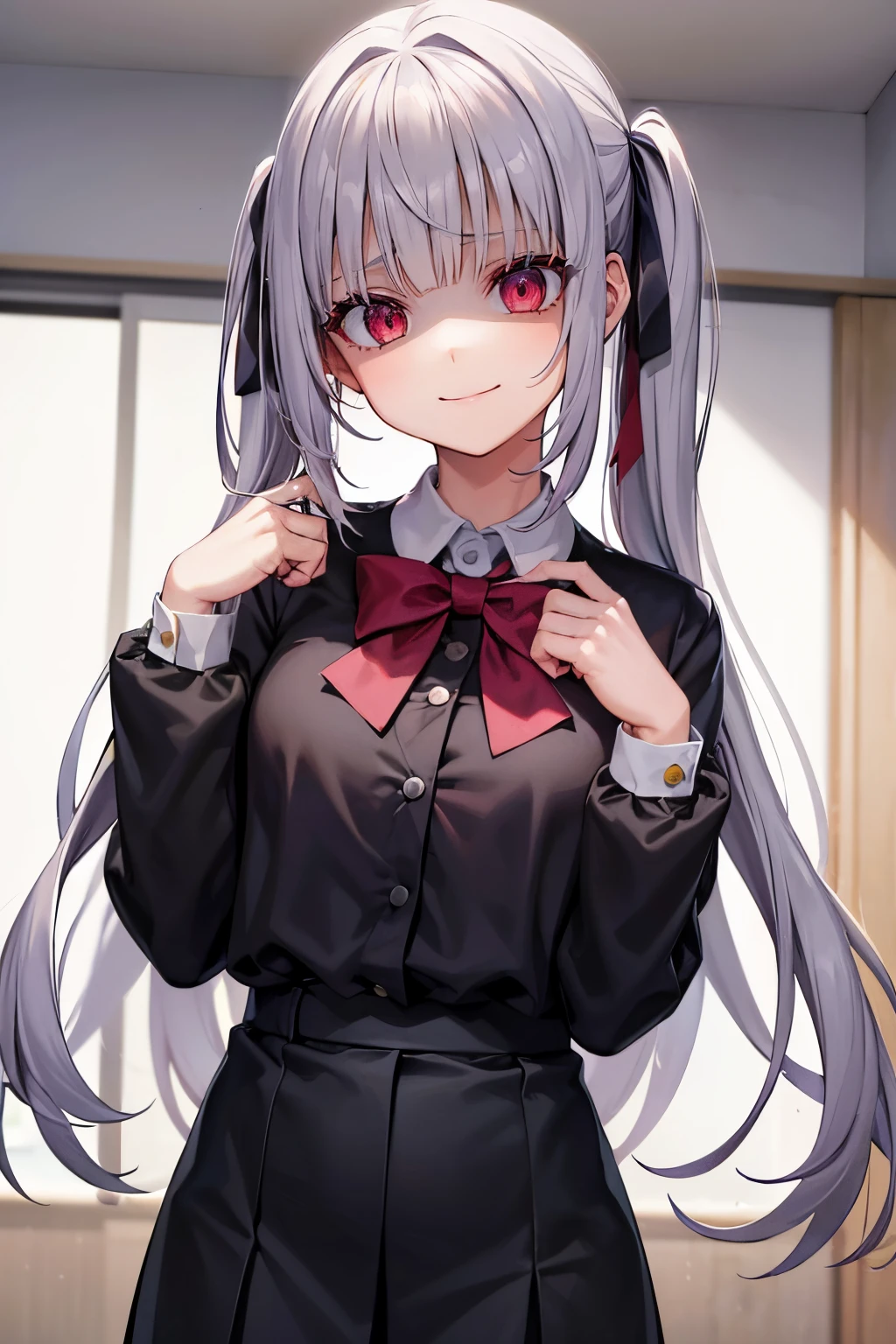 (A girl in a school uniform standing), yandere smiling, (unstable), ((insane)), blood on smear on face, ((wide eyed)), looking at viewer, grey hair ((torso)), side bangs, long hair, (hair pin), (full body:0.7), twirling her hair with one hand:0.8, prefect fingers, wide shot:0.7, wide eyed:1.3, head tilt:0.7, expressive ruby eyes