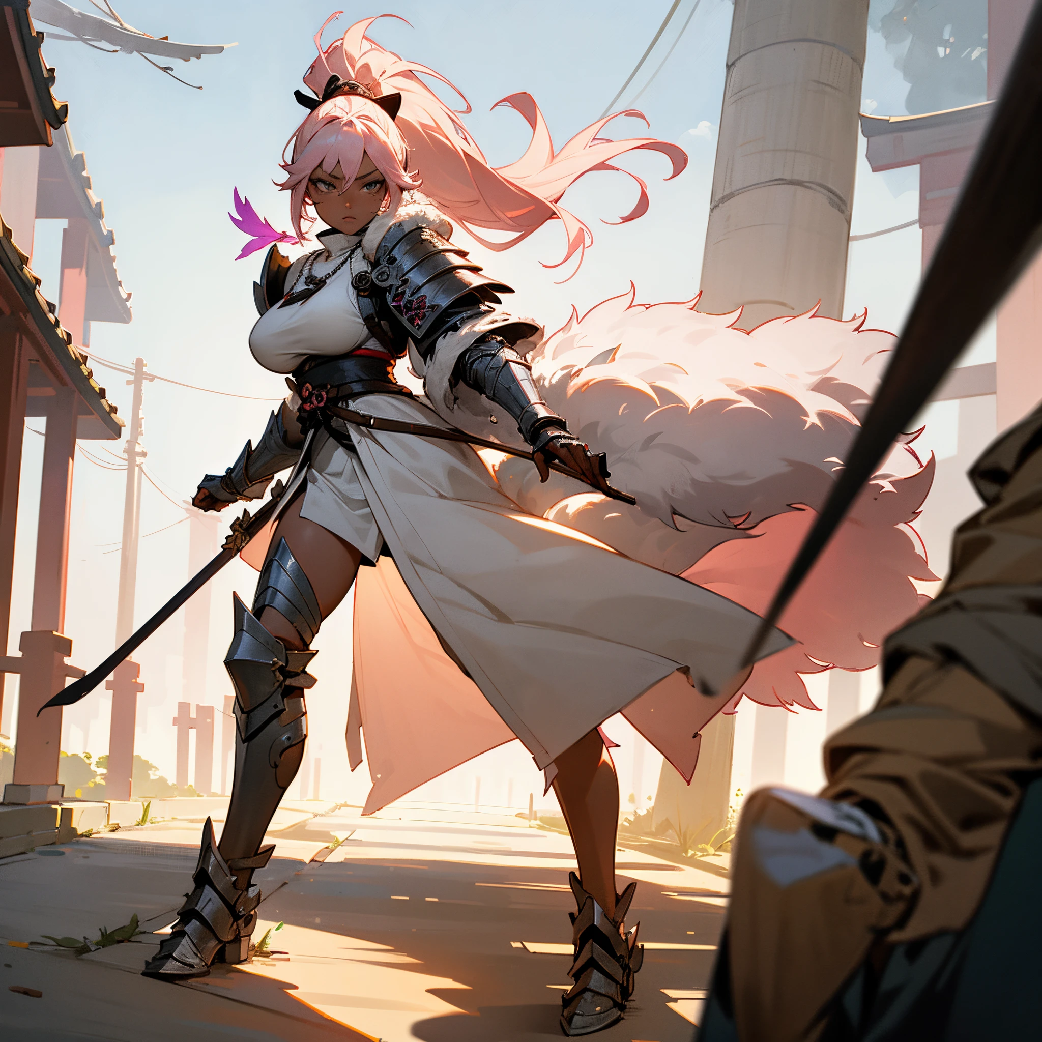 1female, young adult, big breast, dark skin, pale blonde low ponytail with pink highlights, finely detailed grey eyes, loose ronin clothes, jacket with oversized fur hood, necklace, best lighting and shadows, shrine, walking down a path, lanterns, leg armor piece, shoulder armor piece