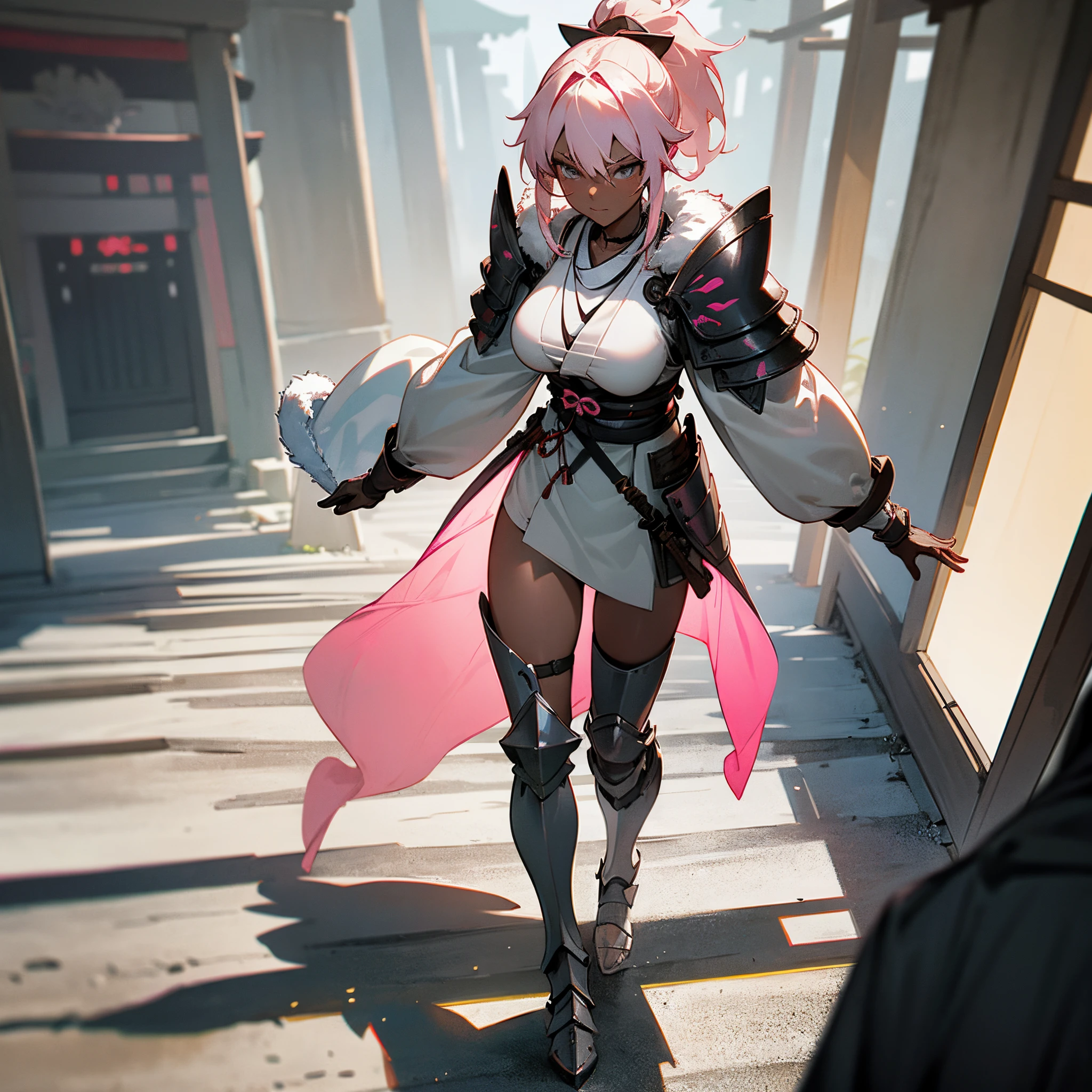 1female, young adult, big breast, dark skin, pale blonde low ponytail with pink highlights, finely detailed grey eyes, loose ronin clothes, jacket with oversized fur hood, necklace, best lighting and shadows, shrine, walking down a path, lanterns, leg armor piece, shoulder armor piece