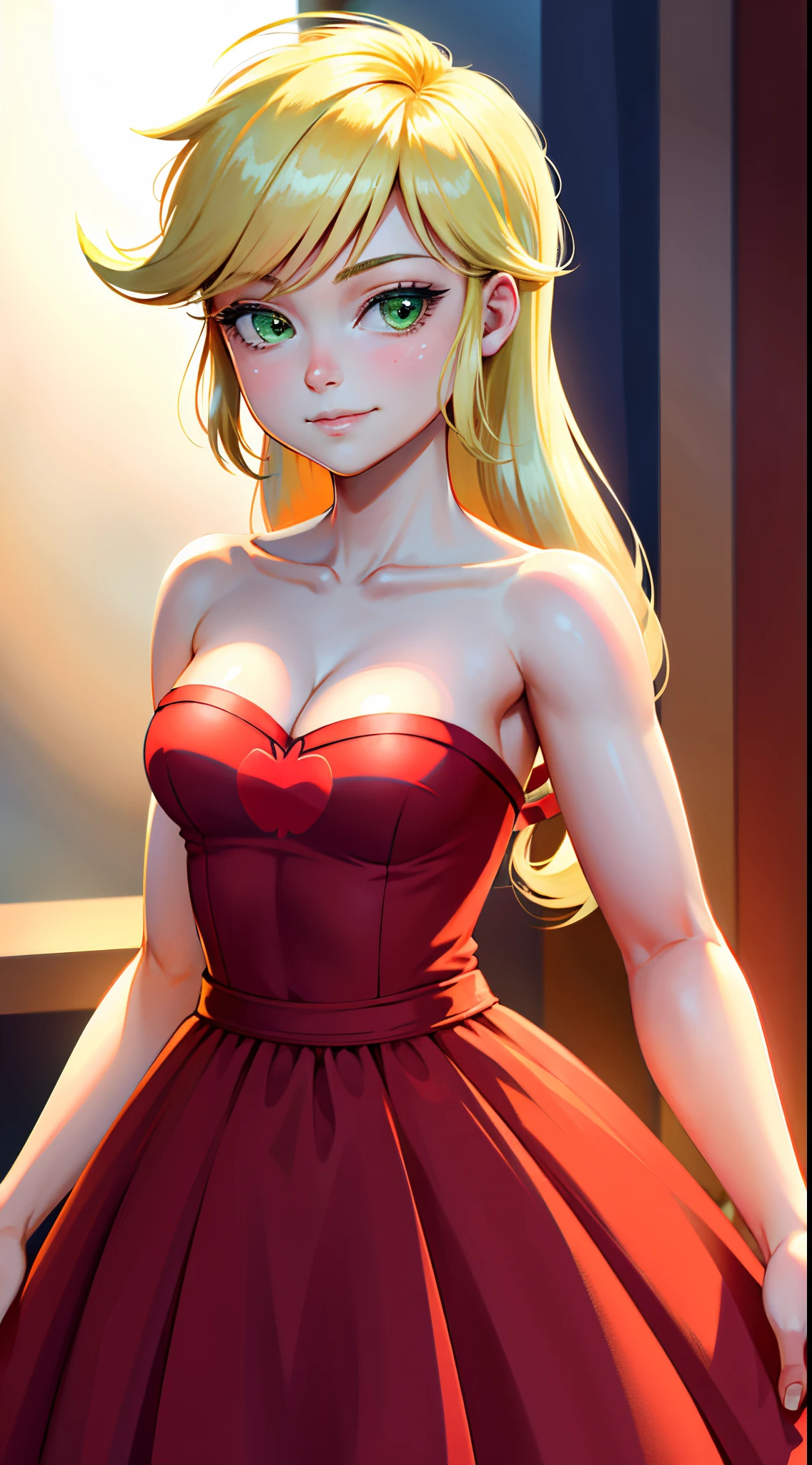 1girl, masterpiece, (detailed background), best quality, absurdres,
smirk, mlpapplejack, pink ballgown, posing, closed mouth, personification, blonde hair, orange skin, green eyes