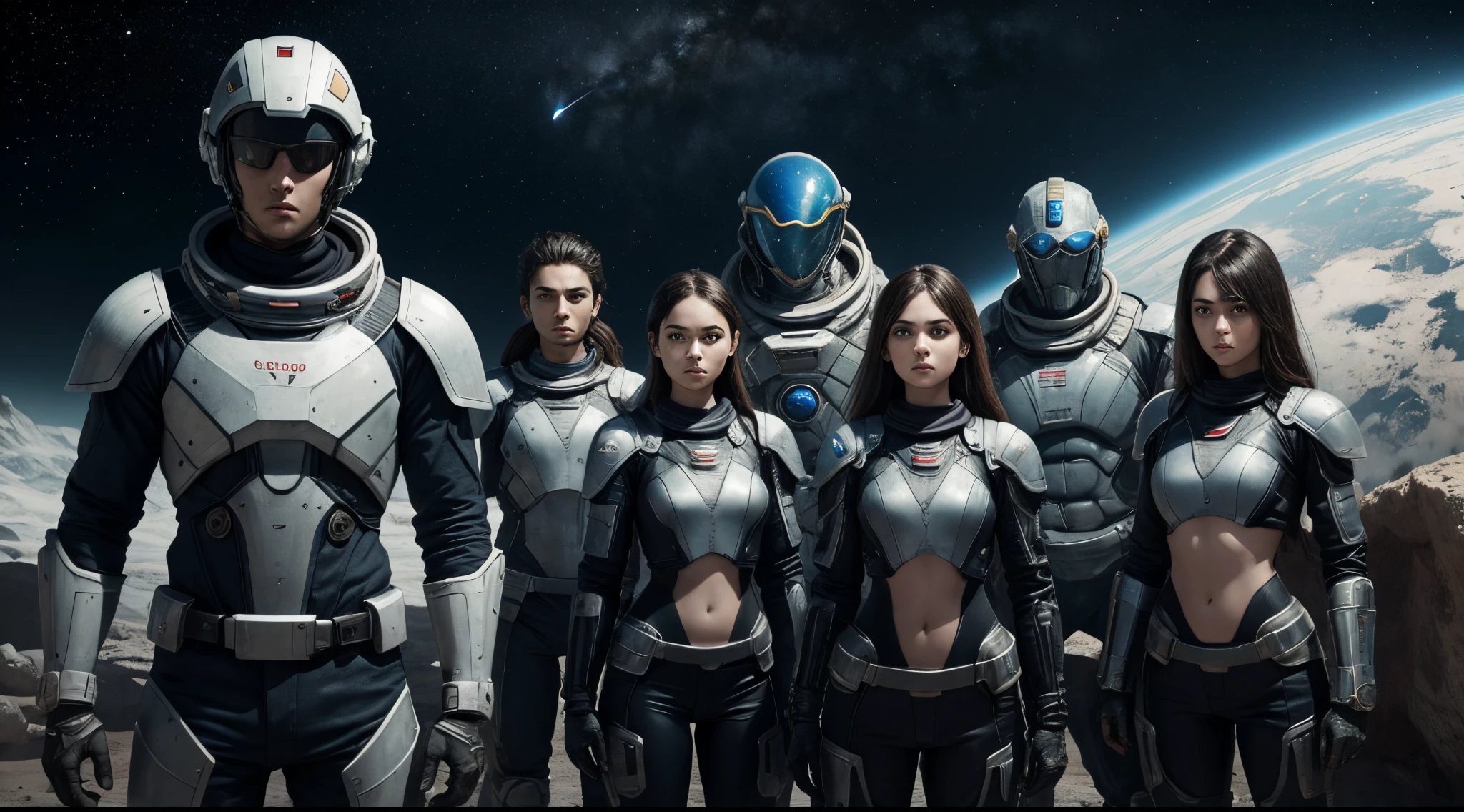 4 characters, 2 girls and 2 guys, epic guys conquerors of unknown planets are standing at a futuristic ROVER on an alien planet, pretentious poses, cool spacesuits, funny faces