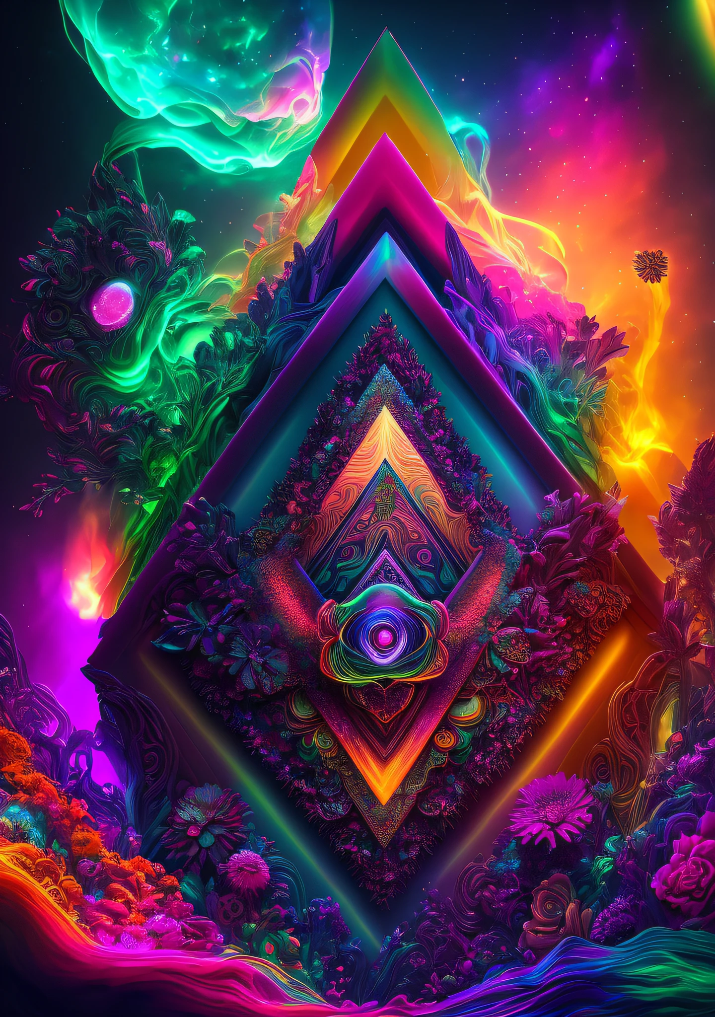 Masterpiece in 8K resolution, estilo psicodelia sombrio, inspirado em Threyda. | An intensely colored triangle, com um terceiro olho no centro, evokes a cosmic psychedelic experience. The scene is a fusion of prisms, dark side of the moon vibes and mind-blowing visuals. Refraction of the color spectrum creates an extremely psychedelic experience, with a touch of dark rainbow and neon color bleed. | Soft focus composition, destacando a aura Auroracore e Gamine da cena, while incandescent lighting creates a unique and mysterious atmosphere. Ultra-realistic and intricate details are rendered to perfection using the octane rendering technique. | A psychedelic and dark illustration, proporcionando uma jornada visual intensa e detalhada. | She is adopting a dynamic pose as the interactions, corajosamente apoiando-se em uma grande estrutura na cena, dynamically leaning back, Adding a unique touch to the scene.):1.3), ((imagem de corpo inteiro)), perfect hand, Dedos, hand, perfeito, melhor_Hands, Mais detalhes