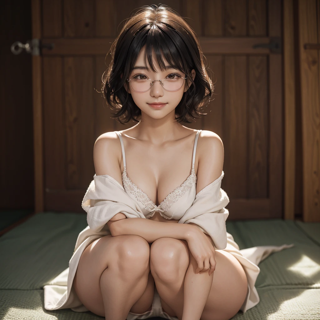 One lady, Japan people in their 20s, symmetrical beauty, Small face, sharp outline, A dark-haired, Shoulder length short bob hair, Curly hair, The hair near the shoulders should have strong waves., With bangs, thick eyebrow,realisticeyes, 二重まぶた, drooing eyes, Thicker lips, closes mouth, A slight smil, Smiling smile, Rimless glasses, Rimless glasses, Wheat-toned skin, realistic skin textures, H Cup, a little fat, Crouching posture, OL style costume, directly in front of the camera, looking directly at the viewer, Looking at the camera, The light source is from the front.