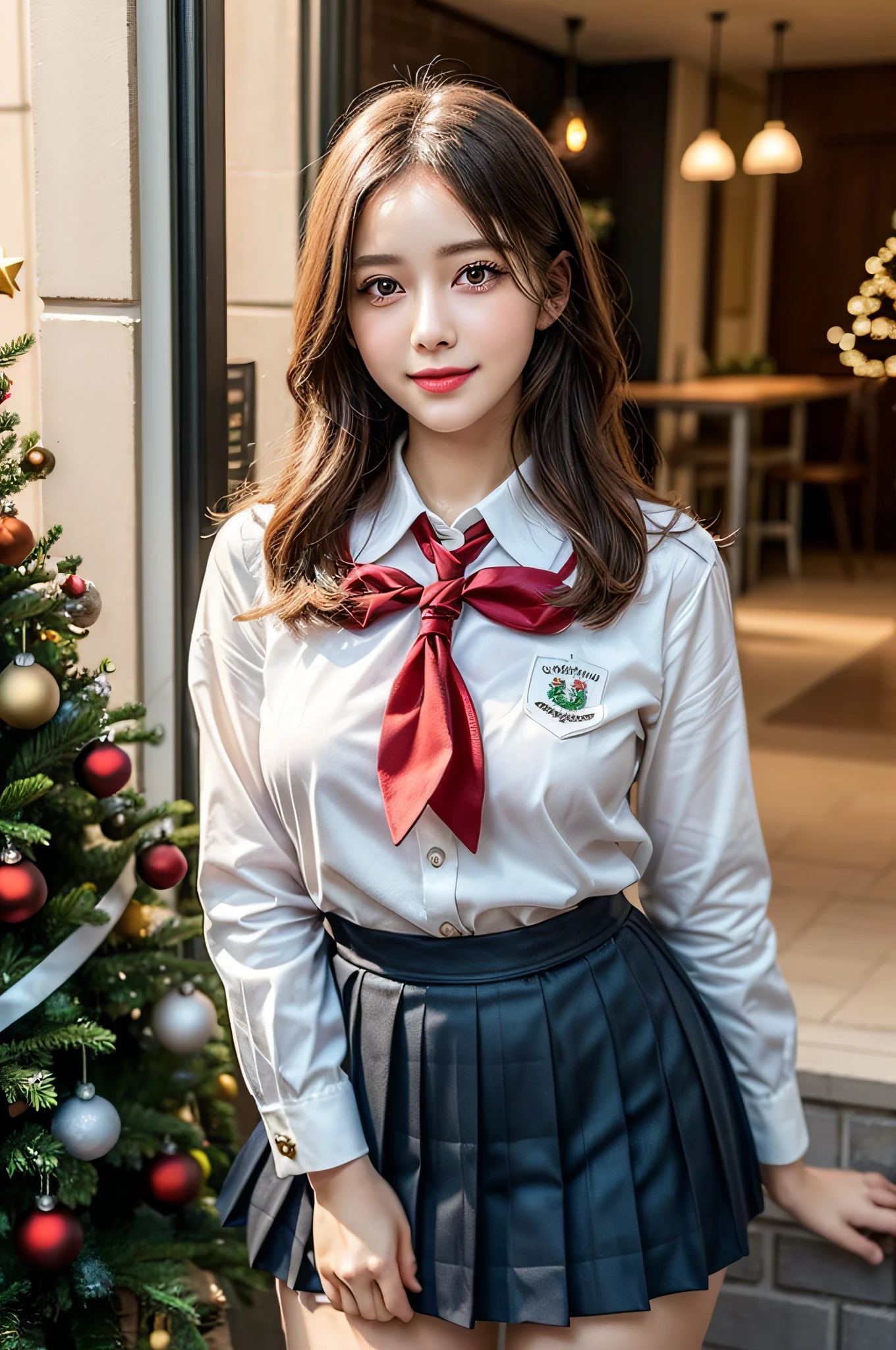 (1 cute girls), Extremely cute, Amazing face and eyes, (Beautiful lovely smile), (extremely detailed beautiful face), bright and shiny lips, (School uniform, Pleated skirt:1.3), (Best Quality:1.4), (hyper quality), (Ultra-detailed), (Hyper-realistic, Photorealsitic:1.37), Authentic skin texture, intricate-detail, extremely detailed CG unified 8k wallpaper, RAW Photos, professional photograpy, Cinematic lighting, Exposing, Christmas tree, Christmas Ornaments, Christmas Decorations, Christmas Lights, christmas lights,