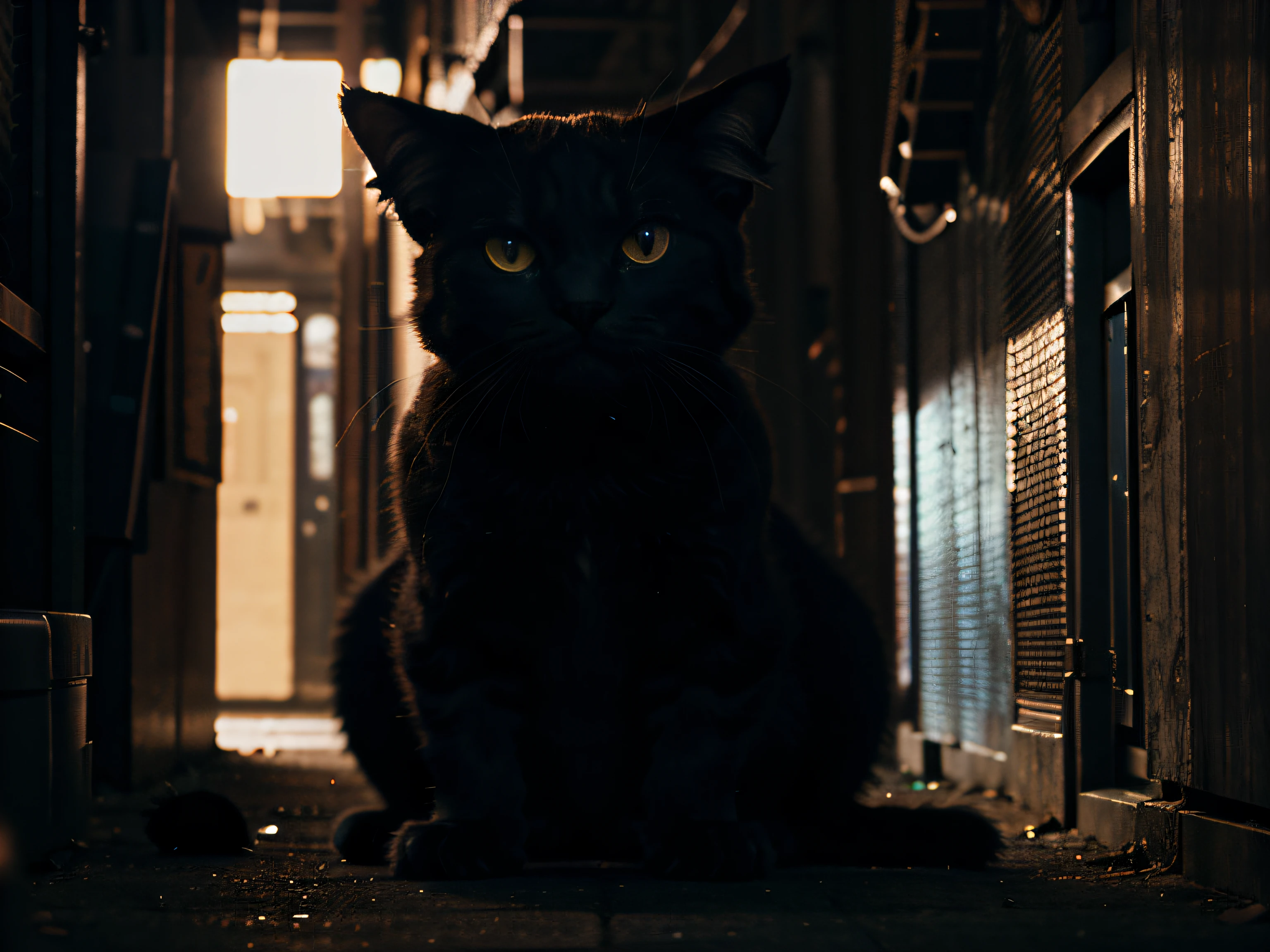 background image for a laptop, en 4K de un DJ de hip hop con un gato monstruo, playing in a dark alley