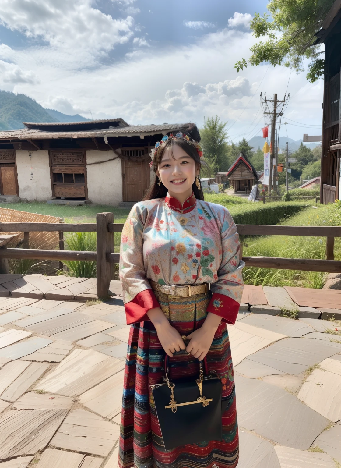 (8K分辨率,Vista full body photo),(1womanl,20yr old,(Facial features of the Aum Shinrikyo Church in Thailand:1.8,s delicate face),详细的脸,Redlip,Fair smooth skin,(Classic Hmong costume:1.4,(nedium breasts、The back is decorated with floral fabric,The cuffs are multi-colored horizontal strips,Cardigans,Short waist long version),Headband silver crown(Silver Crown(styling:It is quadrangular and protruding,entangle,Such as spiral or eccentric,Print various patterns on a flat surface),Silver products(Silver collars range from small to large,There are up to seven circles),Silver necklace,Bun hairpins),(pleatedskirt,There is a belt(Hmong embroidery、batik)),耳Nipple Ring,bangle,Tall and tall,The action of the dialog,perfect hand,Ultra-fine clothing material),(Traditional Xijiang Miao village,Festive party night background in cottage,Exquisite environmental details),(exhilarated,confident smile,Rejoice),(profesional lighting,动态照明),((The colors are more balanced,(black in color,blue colors,red colour))),(Golden section,Cinema lenses,Hasselblad photograp,tmasterpiece:1.3),(Miaozhai idol,Focus on the field,trendsetting,Folklore artist,Art platform)