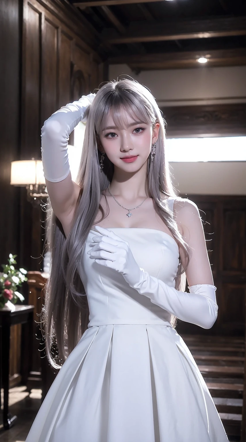 ((masterpiece, best quality)), expression shy, beautiful smile, a girl, solo, half body, dress, earrings, necklace, halo, indoor, bangs, white dress, white gloves, white hair, long hair, One hand on head , looking at viewer, air conditioner,dark lighting, hxh2011