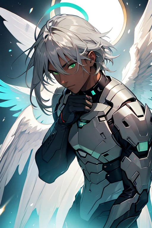 man, dark skin, glowing halo, green eyes, gray hair, angel wings, sexy malewhore outfit, abs