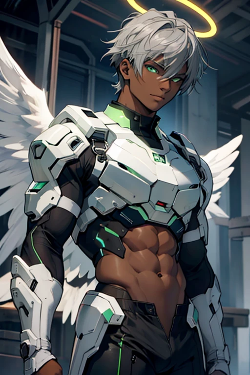 man, dark skin, glowing halo, green eyes, gray hair, angel wings, sexy malewhore outfit, abs