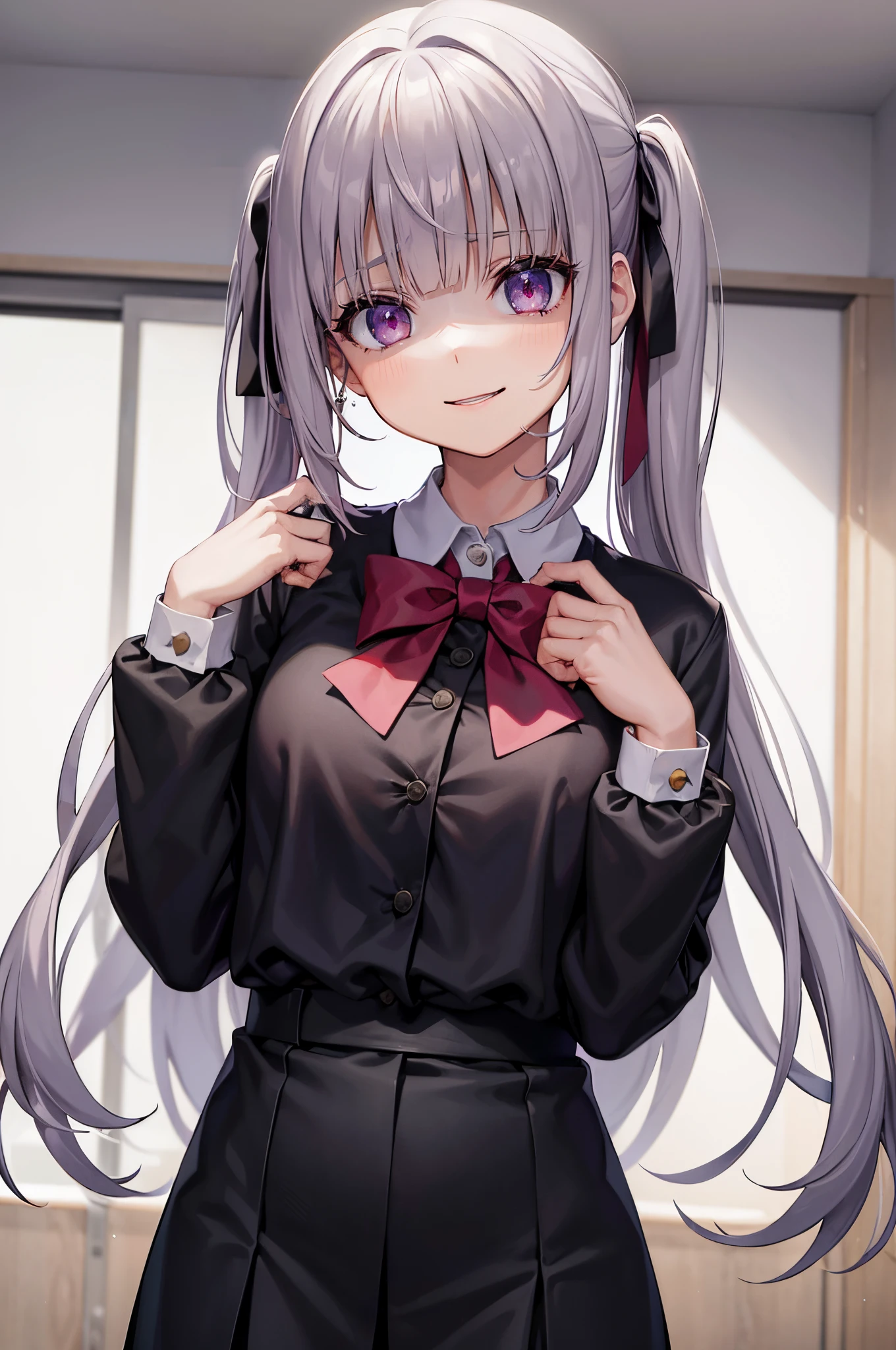(A girl in a school uniform standing), yandere smiling, (unstable), ((insane)), blood on smear on face, ((wide eyed)), looking at viewer, grey hair ((torso)), side bangs, long hair, (hair pin), (full body:0.7), twirling her hair with one hand:0.8, prefect fingers, wide shot:0.7, wide eyed:1.3, head tilt:0.7, expressive ruby eyes