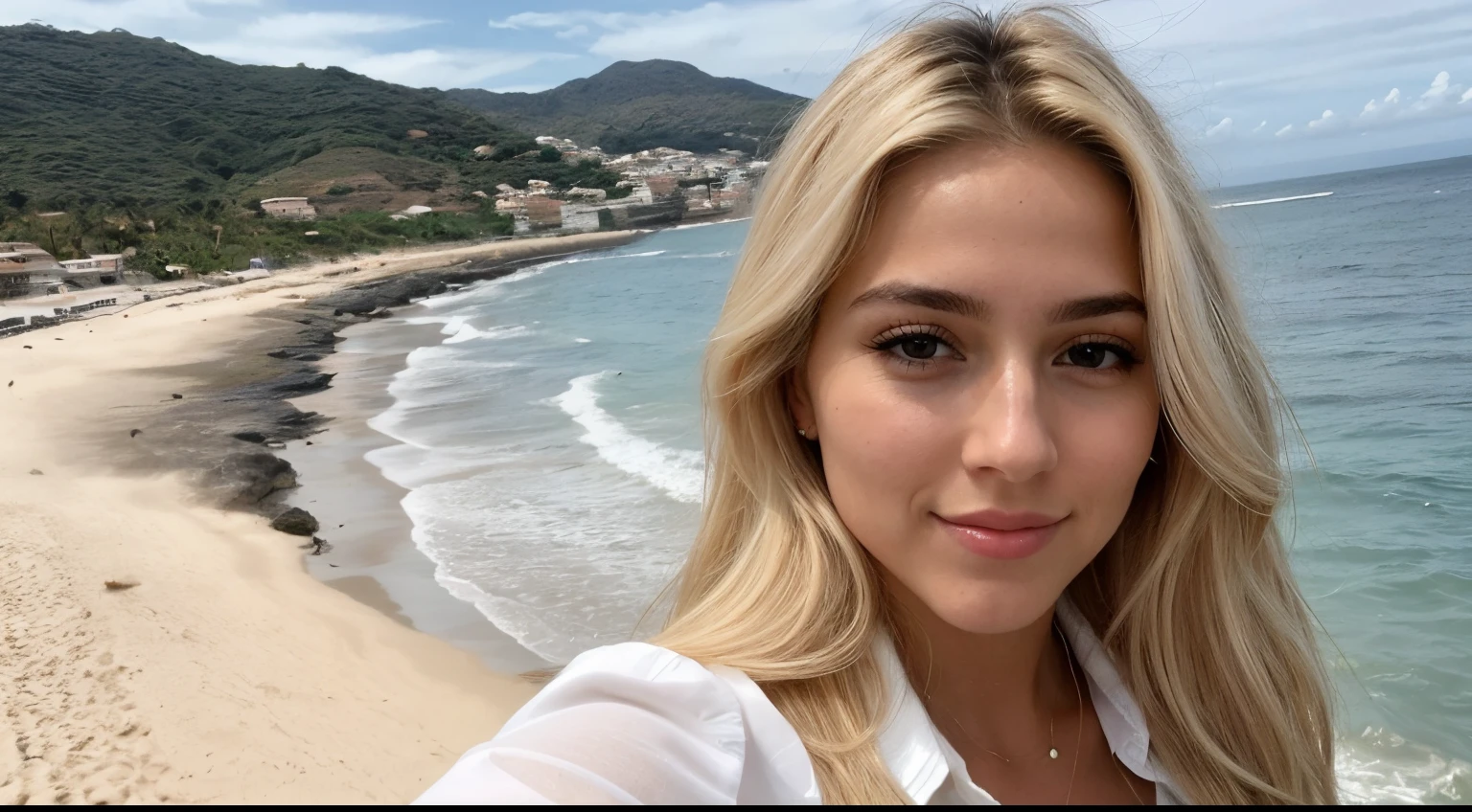 A 23-year-old blonde woman, ((pechos grandes)), ((hiperrealismo)) ,. blonde hair with light brown roots. cabello rubio, Hair with brown roots, cabello extra largo, cabello muy largo, really long hair, Beautiful, Front view, selfie, photo taken with iPhone, elegant black shirt with escote, escotada, selfie on the beach