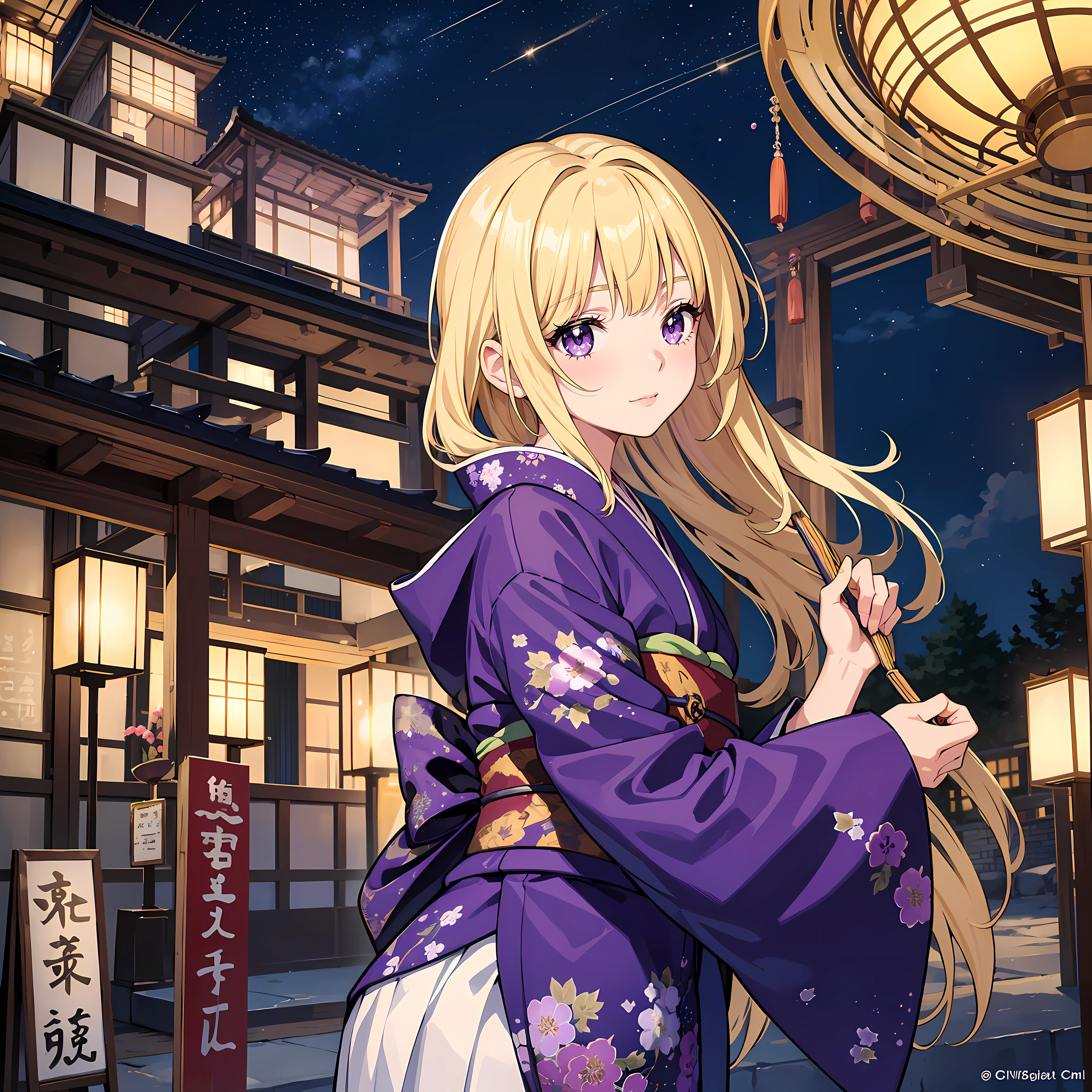 (Masterpiece), Best Quality, High Resolution, Extremely detailed, Stunningly beautiful, middle-aged girl, 独奏, Exterior décor, longue blonde hair, purple eyes with glitter, galactic effect, Cute, Energetic, extrovert, Japanese kimono