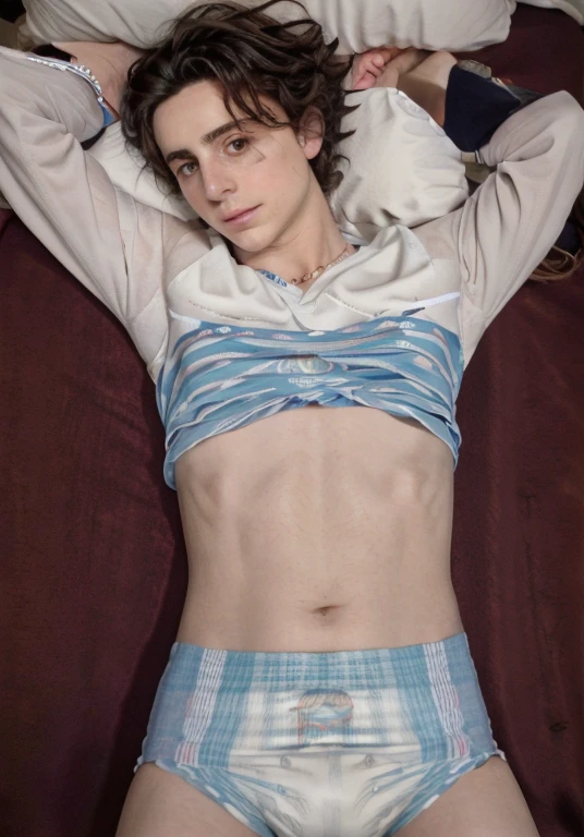 Realistic photo of Timothée Chalamet, skinny, wearing a diaper, lying in bed, 27 year Old, laying on his stomach, head turned, eyes looking at viewer