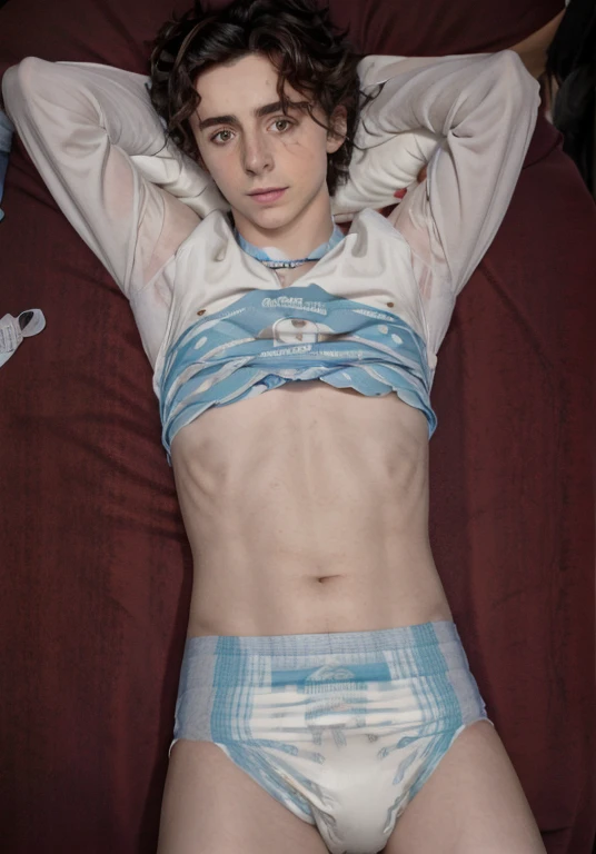 Realistic photo of Timothée Chalamet, skinny, wearing a diaper, lying in bed, 27 year Old, laying on his stomach, head turned, eyes looking at viewer