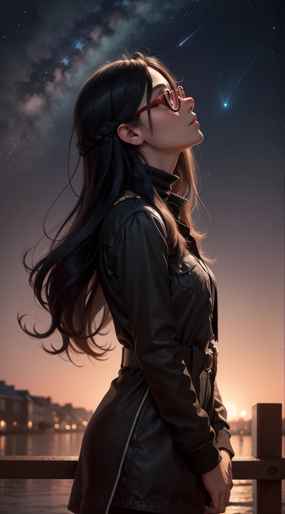 Profile of a girl with long black hair, brown eyes, red glasses, looking up at the night sky.