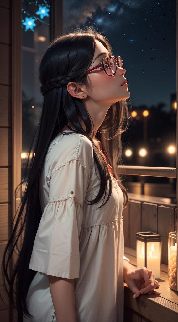 Profile of a girl with long black hair, brown eyes, red glasses, looking up at the night sky.