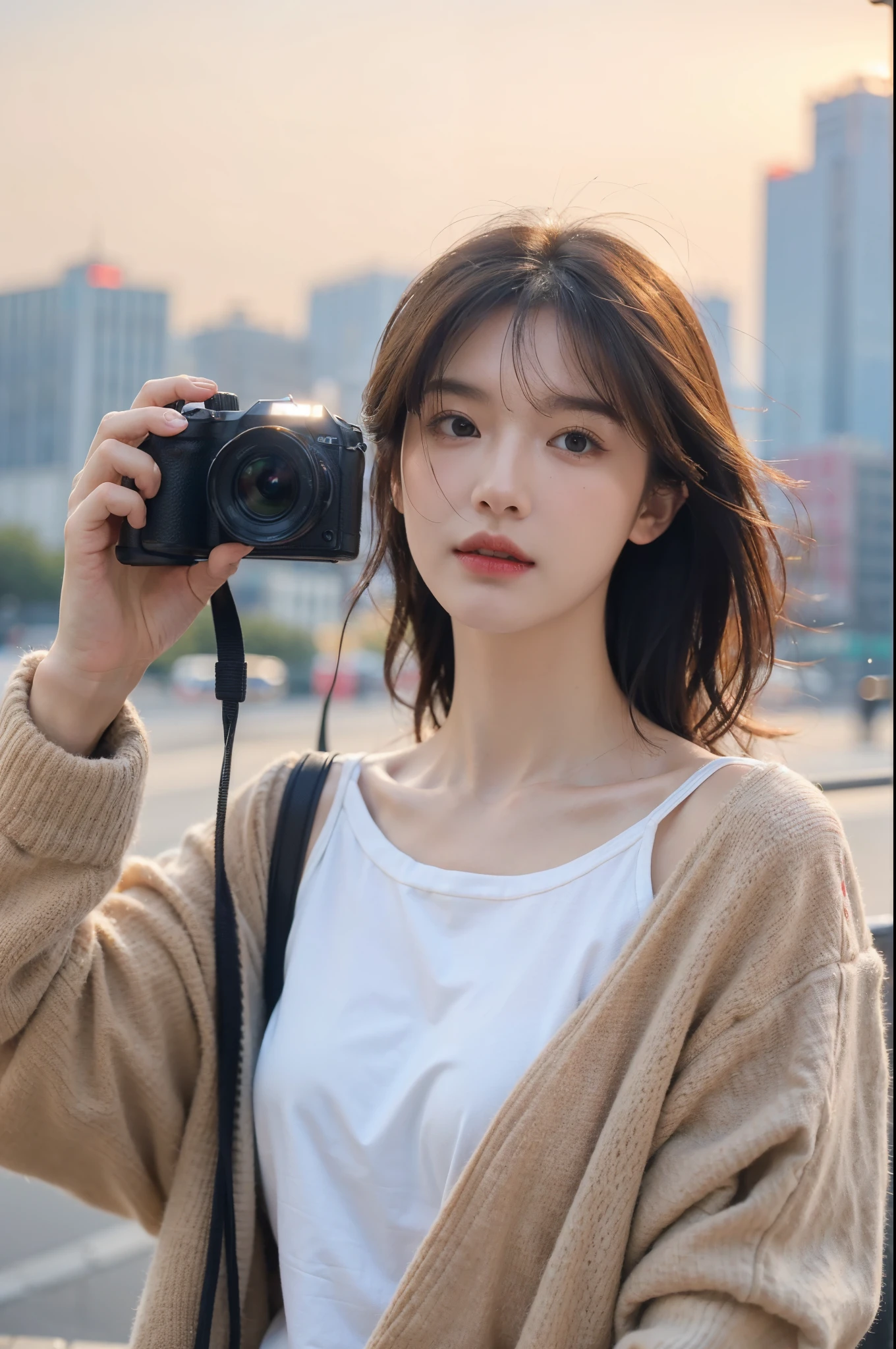 Best quality, MASTERPIECE、, Super High Resolution, (photorealistic: 1 girl Girl ), RAW Photos, 1 girl Girl,, cinematic Lighting, (IU Lee Ji-eun: 1 girl Girl.2 Maidens), holding a vintage camera, cafe style, moody light