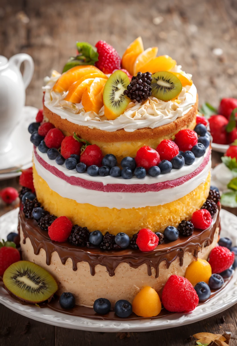 A delicious cake made with rich cream and fluffy sponge, adorned with vibrant fruits and chocolate shavings. (best quality,4k,8k,highres,masterpiece:1.2),ultra-detailed,(realistic,photorealistic,photo-realistic:1.37),fine texture and intricate design, mouthwatering, sumptuous delight, elegant touch, luscious layers, tempting aroma, creamy icing, delectable dessert, artistic masterpiece, marvelous presentation, professional photography, vivid colors, soft and warm lighting.
