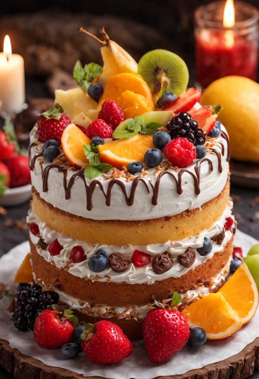 A delicious cake made with rich cream and fluffy sponge, adorned with vibrant fruits and chocolate shavings. (best quality,4k,8k,highres,masterpiece:1.2),ultra-detailed,(realistic,photorealistic,photo-realistic:1.37),fine texture and intricate design, mouthwatering, sumptuous delight, elegant touch, luscious layers, tempting aroma, creamy icing, delectable dessert, artistic masterpiece, marvelous presentation, professional photography, vivid colors, soft and warm lighting.