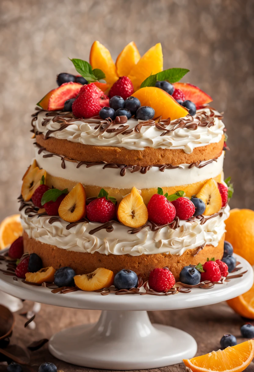 A delicious cake made with rich cream and fluffy sponge, adorned with vibrant fruits and chocolate shavings. (best quality,4k,8k,highres,masterpiece:1.2),ultra-detailed,(realistic,photorealistic,photo-realistic:1.37),fine texture and intricate design, mouthwatering, sumptuous delight, elegant touch, luscious layers, tempting aroma, creamy icing, delectable dessert, artistic masterpiece, marvelous presentation, professional photography, vivid colors, soft and warm lighting.