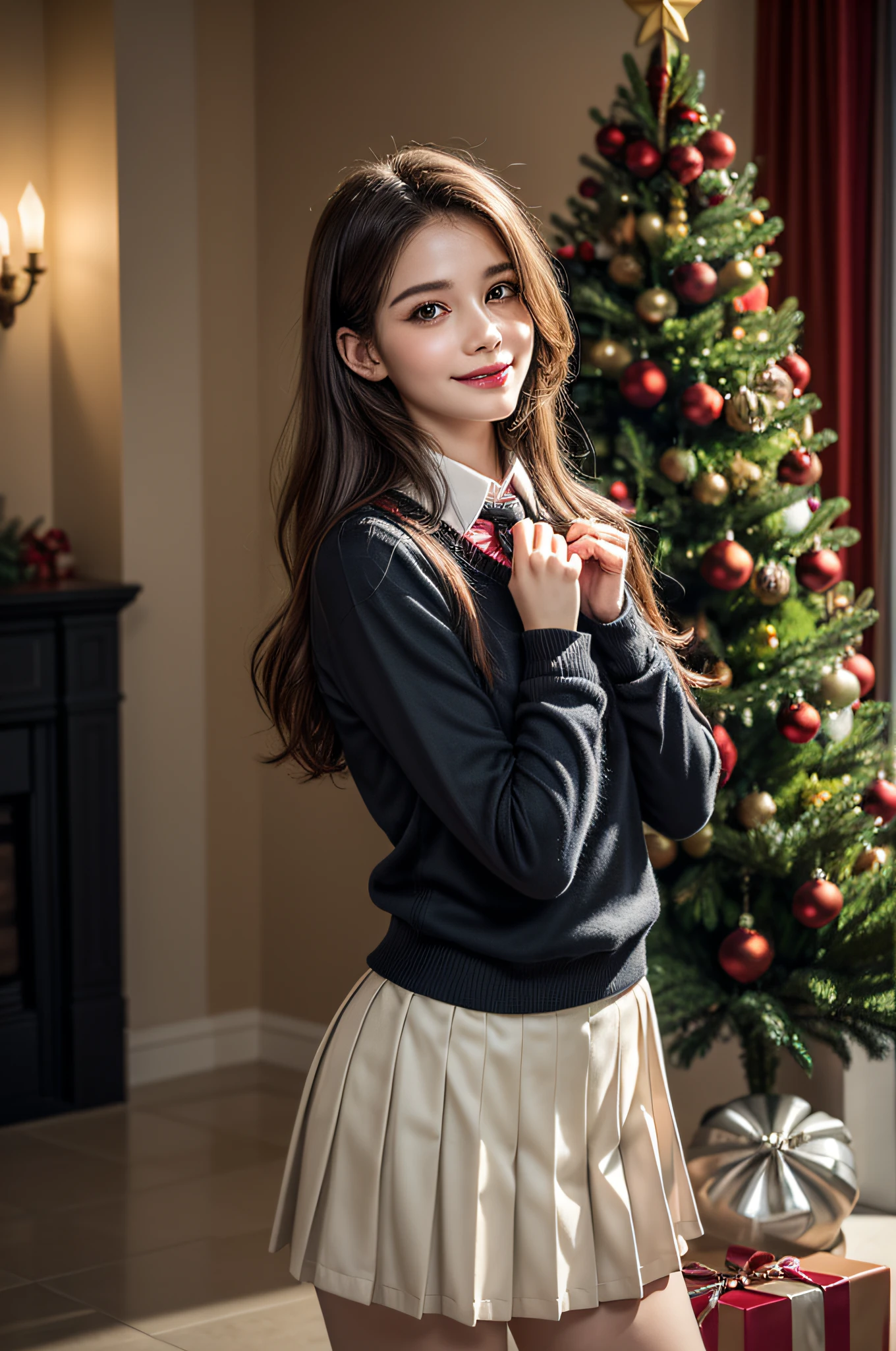 (1 cute girls), Extremely cute, Amazing face and eyes, (Beautiful lovely smile), (extremely detailed beautiful face), bright and shiny lips, (School uniform, Pleated skirt:1.3), (Best Quality:1.4), (hyper quality), (Ultra-detailed), (Hyper-realistic, Photorealsitic:1.37), Authentic skin texture, intricate-detail, extremely detailed CG unified 8k wallpaper, RAW Photos, professional photograpy, Cinematic lighting, Exposing, Christmas tree, Christmas Ornaments, Christmas Decorations, Christmas Lights, christmas lights,