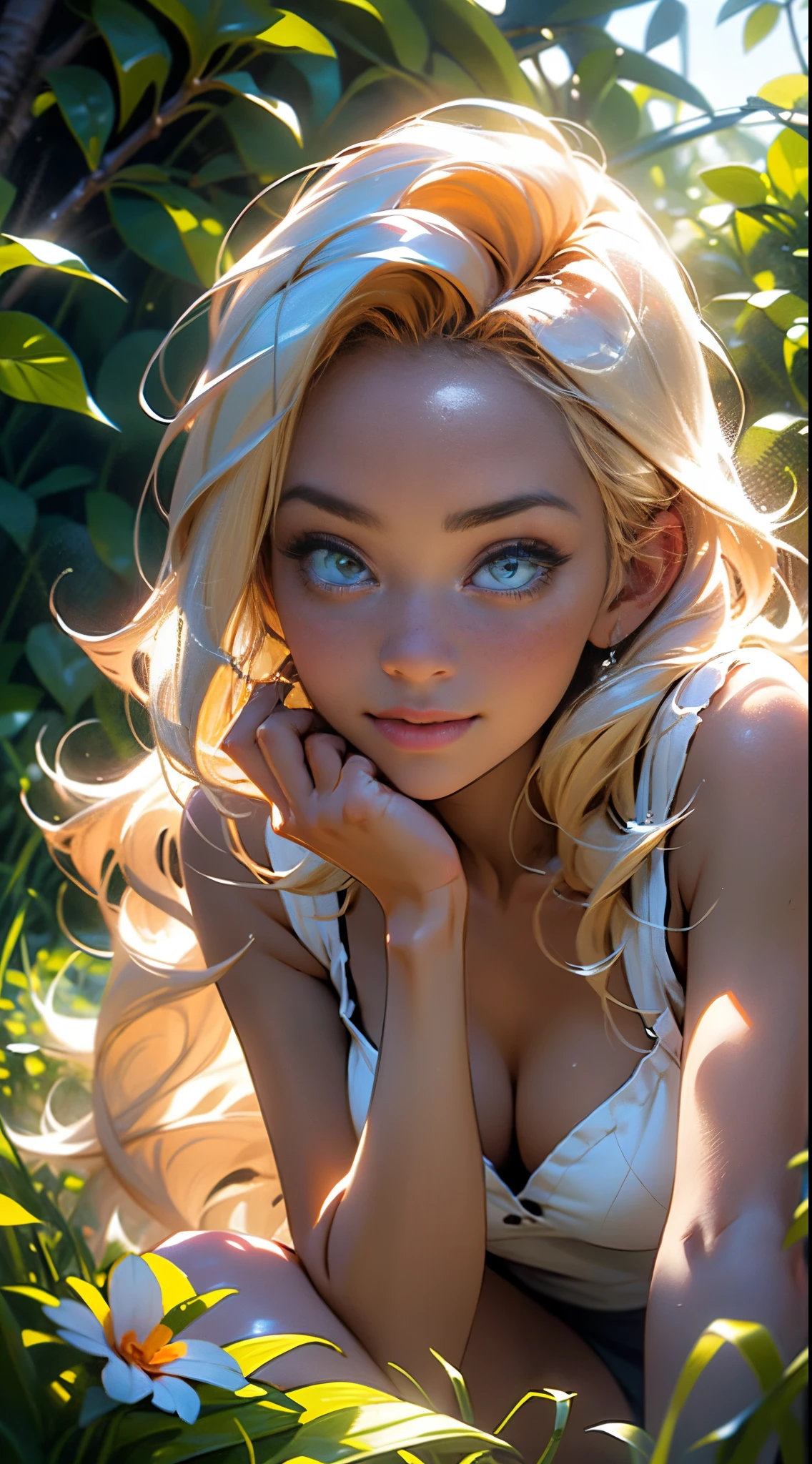 melancholy lighting, quiet, calm, brightness, masterpiece, best quality, 1girl, (JinxLol:1.2), (ultra photorealistic:1.3), (masterpiece:1.4), best quality, ((realistic)), high quality, ultra detailed, ((Real image)), ((realistic skin)), ((realistic face)),(illustration:1.05), (beautiful:1.05), (beautiful detailed eyes:1.05), (cinematic light:1.1), Full body, precise proportions, 28-year-old girl, skinny model lying on the grass, surrounding garden,  tree shadow, GINGER BLONDIE hair fluttering in the wind, FLIN DRESS, long legs, feet slightly open, buttocks, blush, shyness, collarbone, abdominals, double weave, beautiful and delicate face, fair skin, real skin, (face detail), pores, super high resolution, 8k, parameters Best quality, masterpiece, super high resolution, (Realistic 2.0), More details, detailed skin, wide smile, white teeth, voluminous GINGER BLONDIE hair,  perfect and well designed eyes, girlfriend, beautiful, beautiful, flowers, studio lighting