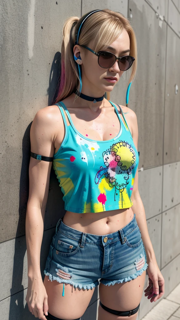 Yvonne Strahovski、masterpiece, top-quality, 1girl in, 独奏, croptop, Denim shorts, a choker, (doodle:1.5), Paint Splatter, arms behind back, Hitting a wall, Look at viewers, Armbands, Thigh strap, Paint on the body, tilt of the head, tedium, O cabelo multicolorido, Aqua Eye, headset on head,