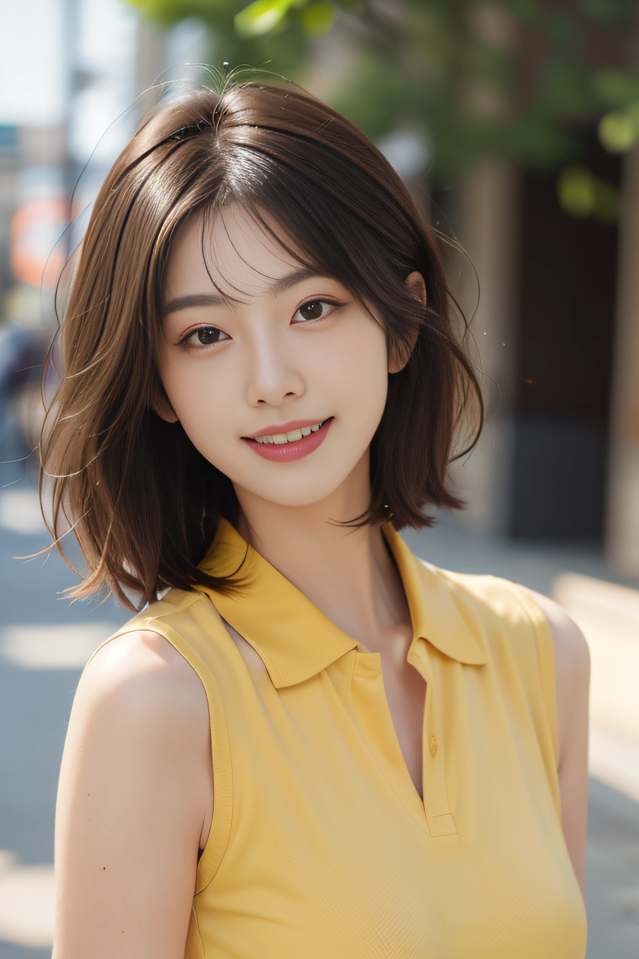 ((top-quality, masutepiece, Realistic)), 1girl in, Facing the front, woman wearing a yellow polo shirt, light brown hair, Short bob hair, A smile, closes mouth, in 8K, 85 mm, Raw photo, Bokeh background, reduce hair frizz