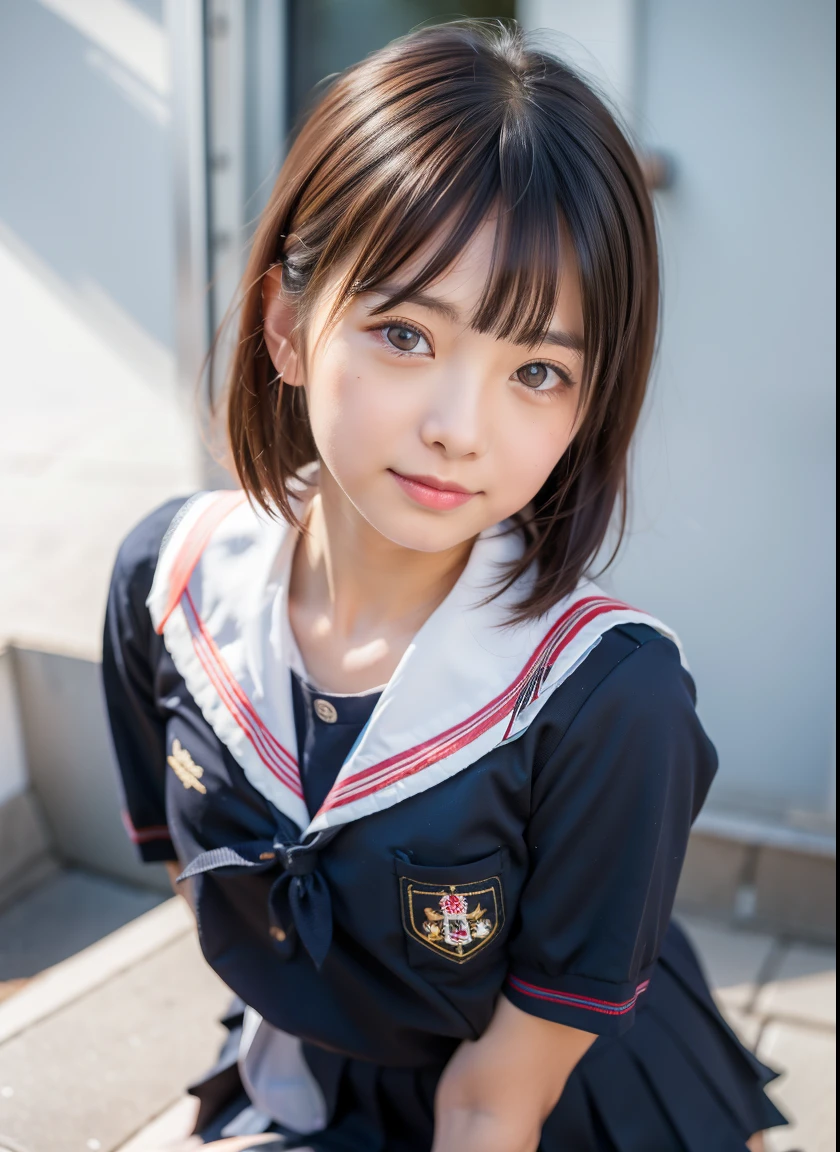 (((masterpiece))), (((Full body photo))), (One beautiful Japan girl, classmates, landscape and innocence,kawaii) ,超A high resolution, Realistic, ultra-detailliert, 8K,top-quality, Extremely detailed, Detailed background,A slender,very beautiful japanese girl, Detailed face:1.3), (Bery short hair,A dark-haired :1.4), (a baby face,kawaii系,adorable 14 year old girl), (Perfect body:1.1), (Neat sailor suit,Dark blue mini skirt、Dark blue high socks、lowfers), Sitting on the lawn in the park,relaxed expression,,Show your beautiful teeth,Focus on the crotch,The skirt is flipped up and you can see the panty shots,Underwear is sheer,rosy cheeks,Super Detailed Face、Detailed lips、A detailed eye、small gravure idol,Transparent skin、Lori,japanese hight school uniform,Shade,Under a big tree,电影灯光