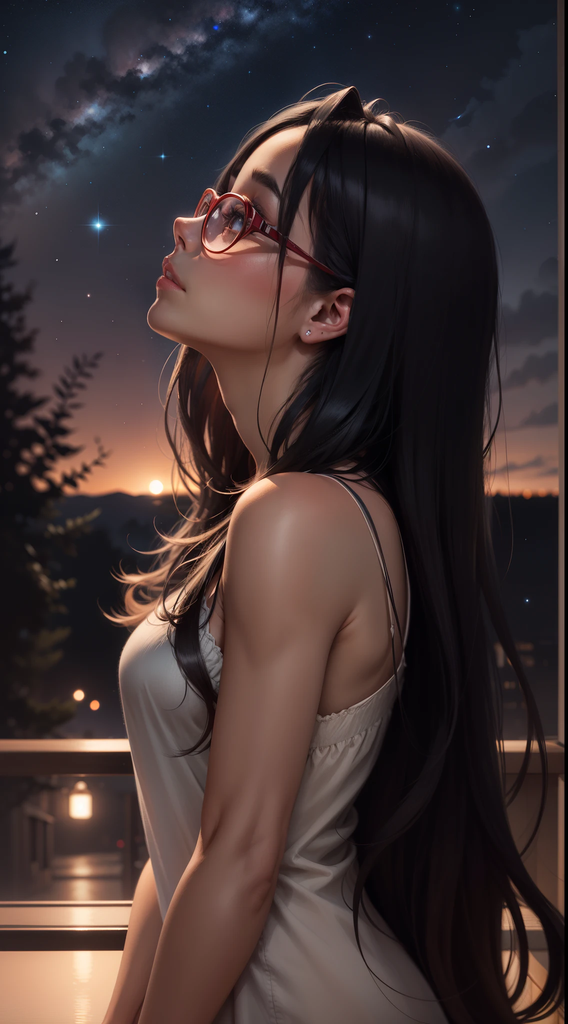 Profile of a girl with long black hair, brown eyes, red glasses, looking up at the night sky.