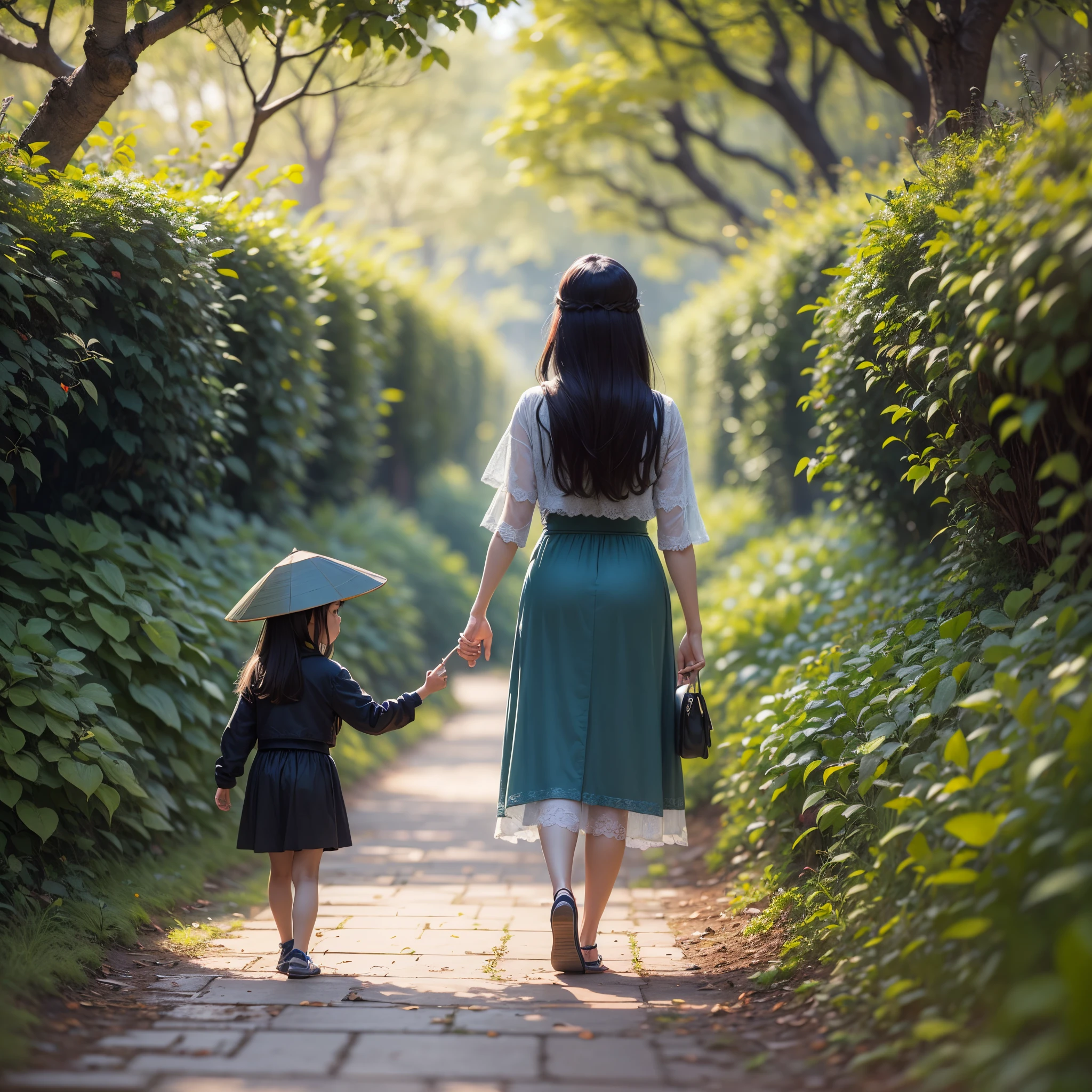 Vietnamese mother with long hair holding hands with her short-haired daughter walking in the garden, real, 4k, in the style of serene and dreamlike, hight quality, real, light natural, natural color --auto --s2