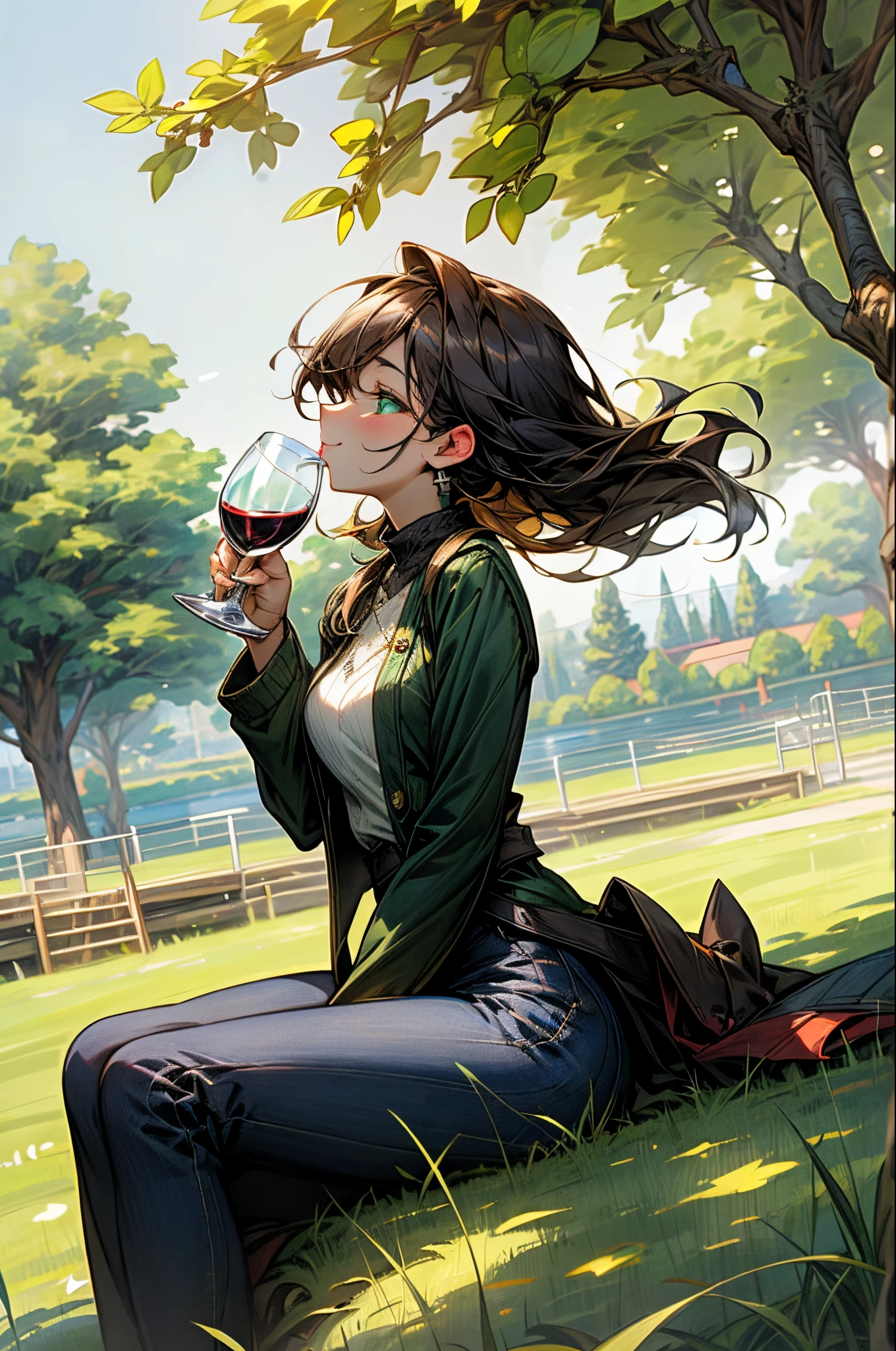Drinking wine on a sunny day sitting in a beautiful area of green grass
