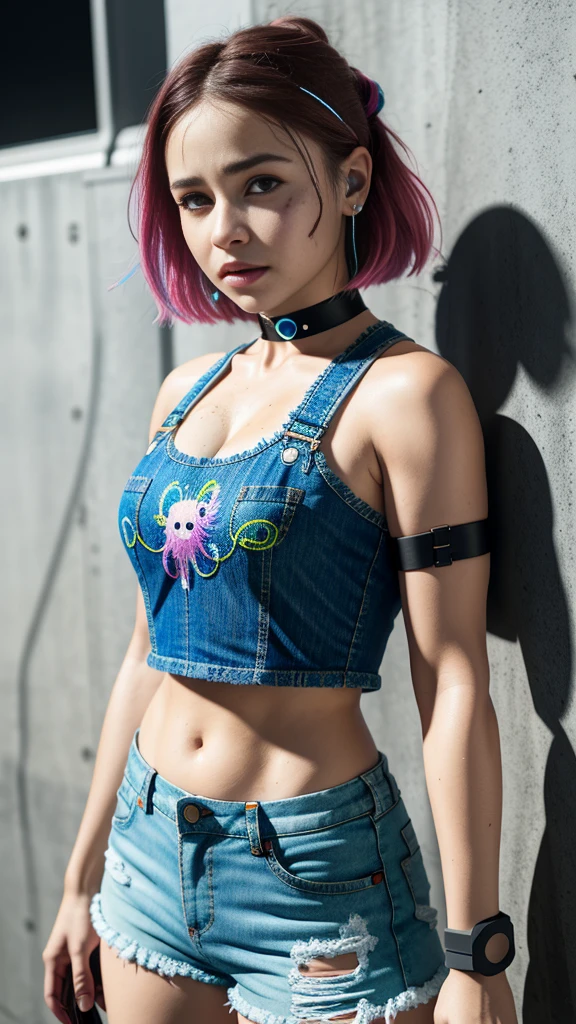 Emilia Clark、masterpiece, top-quality, 1girl in, 独奏, croptop, Denim shorts, a choker, (doodle:1.5), Paint Splatter, arms behind back, Hitting a wall, Look at viewers, Armbands, Thigh strap, Paint on the body, tilt of the head, tedium, O cabelo multicolorido, Aqua Eye, headset on head,