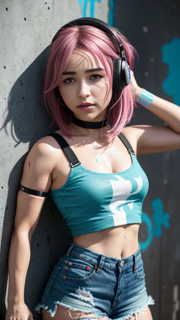 best quality, highres, 1girl, leona heidern, blue hair, blue eyes, blue eyes, ponytail, green shorts, midriff, crop top, cyberpunk city background, rainy street, cinematic, black gloves, reika gantz, beautiful face, beautiful lips, woman with nice figure, high quality, insane details, professional lighting, cool pose, cinematic, 8k wallpaper, (smiling:0.5), blue hair, blue eyes, blue hair, blue hair, crop top, best body, military uniform, muscular, muscular, muscular,