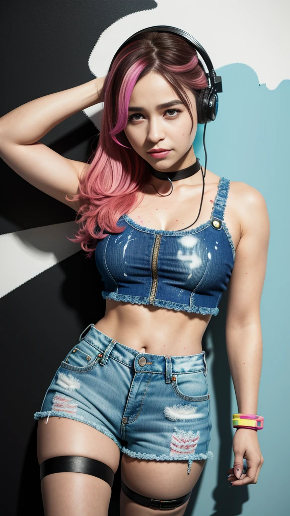 Emilia Clark、masterpiece, top-quality, 1girl in, 独奏, croptop, Denim shorts, a choker, (doodle:1.5), Paint Splatter, arms behind back, Hitting a wall, Look at viewers, Armbands, Thigh strap, Paint on the body, tilt of the head, tedium, O cabelo multicolorido, Aqua Eye, headset on head,